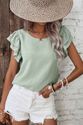 Aqua Ruffle Sleeve Blouse - Clearly Aqua Solid Color Crinkled Top