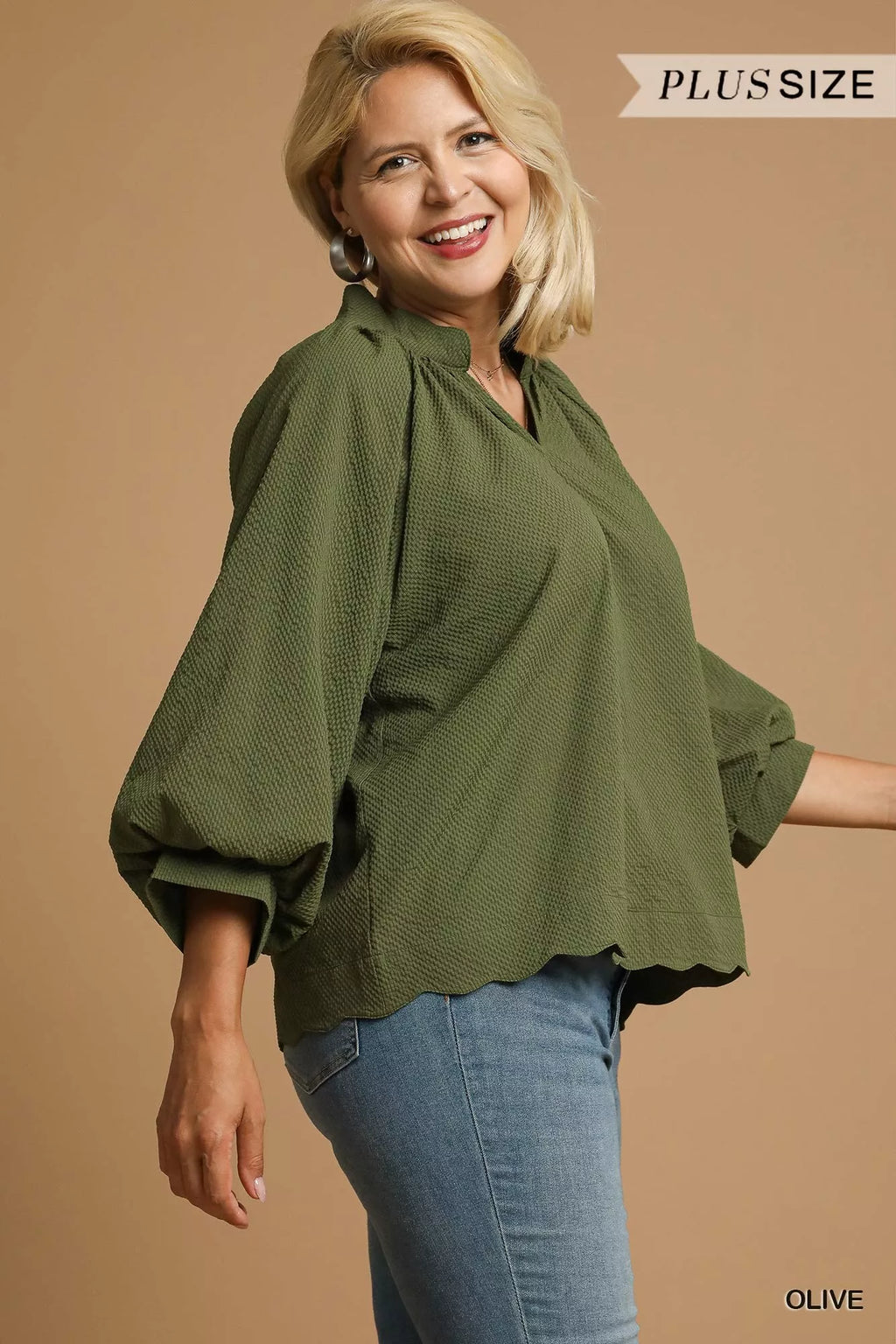 Umgee Full Size Textured Notched Balloon Sleeve Blouse Plus Size