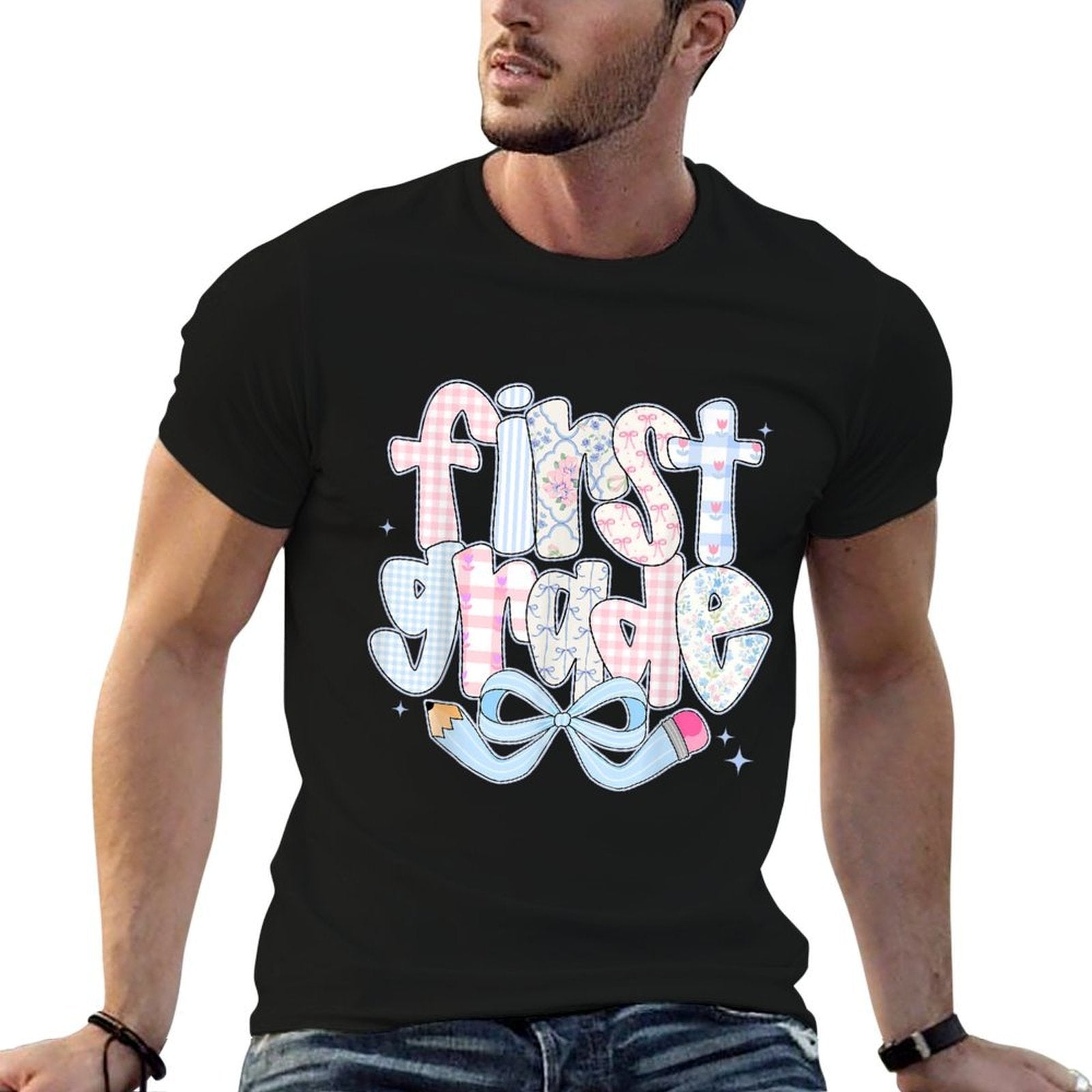 1st Grade Preppy Coquette Bow Girly Back To School Girl Kids  Slim-fit Cut T-Shirt