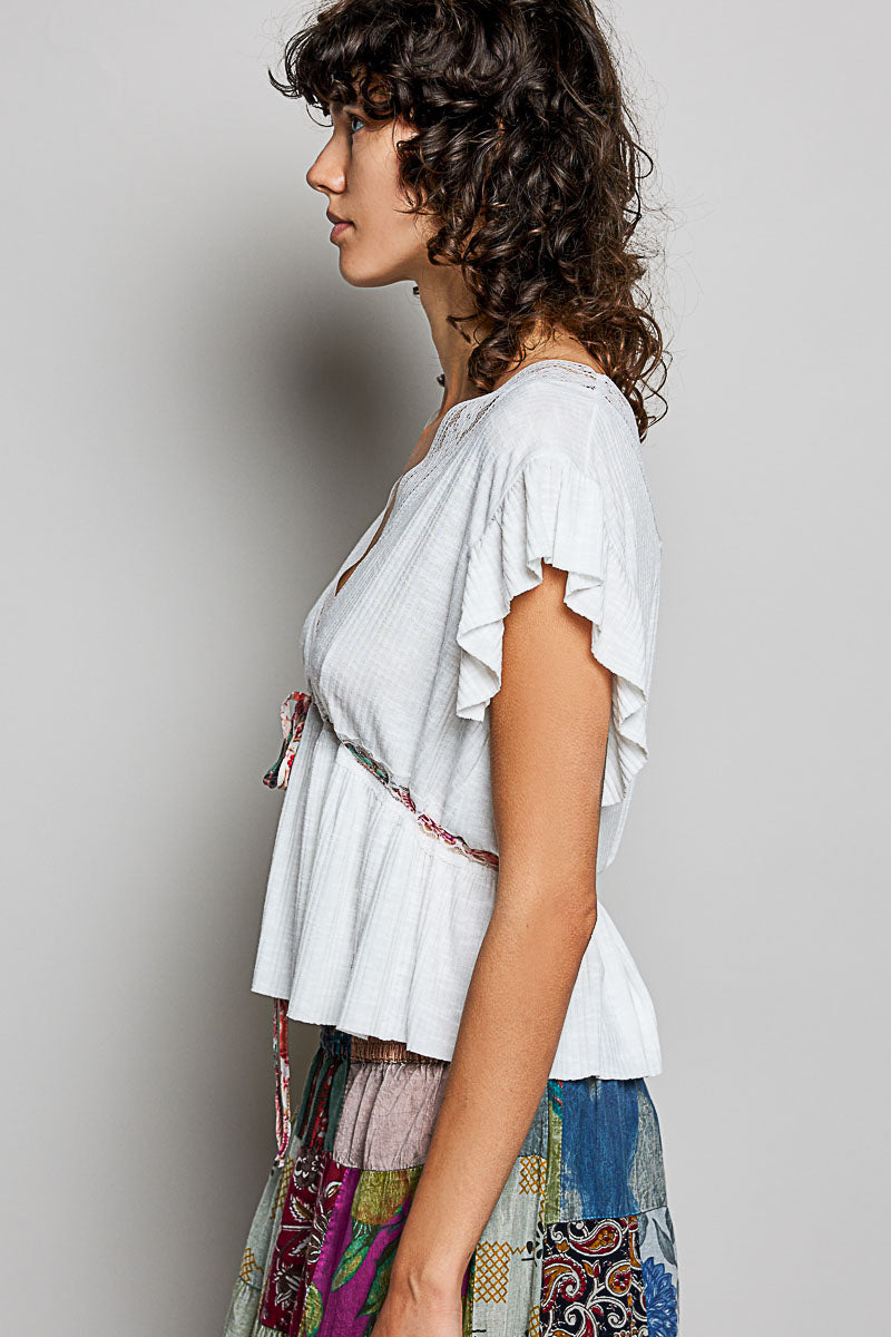 White Tied Ruffled V-Neck Short Sleeve Blouse with Lace Details