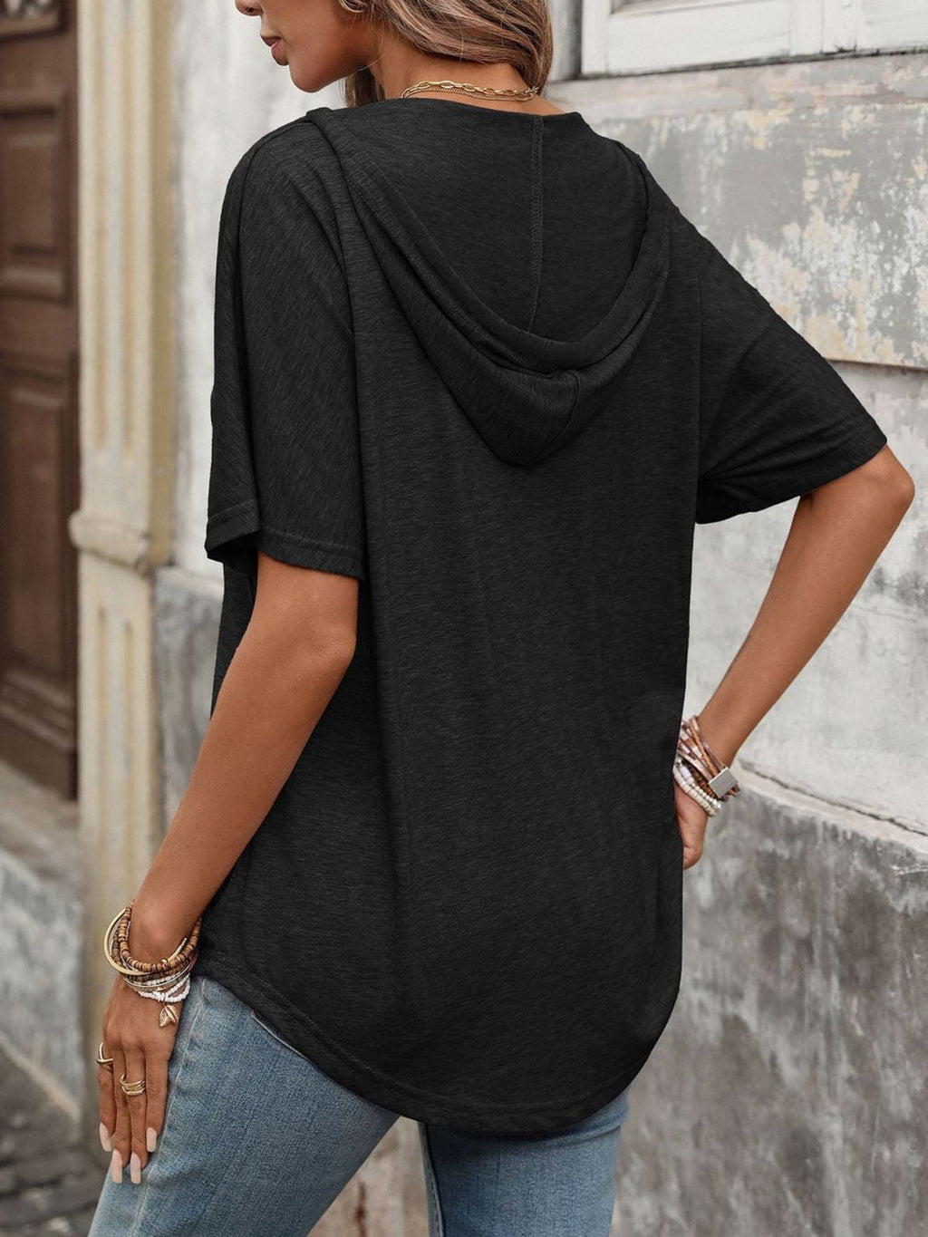 Women's Casual Short Sleeve V-Neck Hooded T-Shirt in Purple