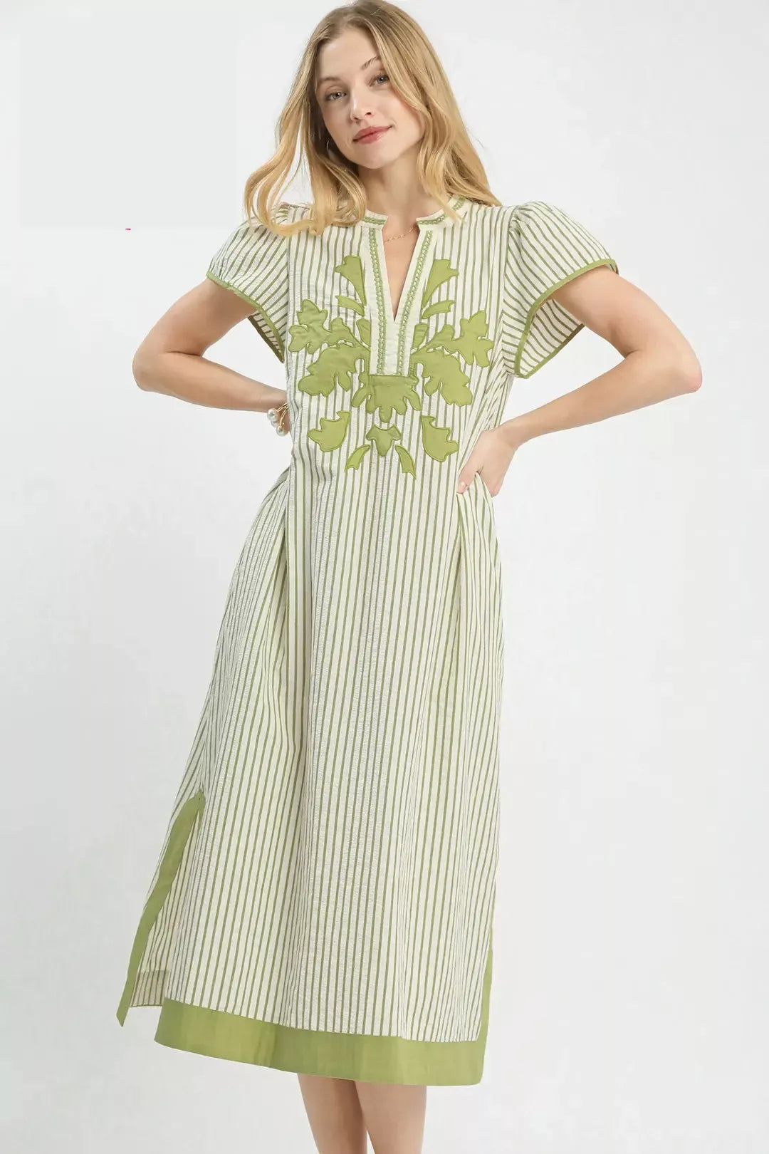 Green Stripe Midi Dress with Embroidered Floral Detail