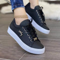 Women's Lace Up Round Toe Sneakers in Black Faux Leather