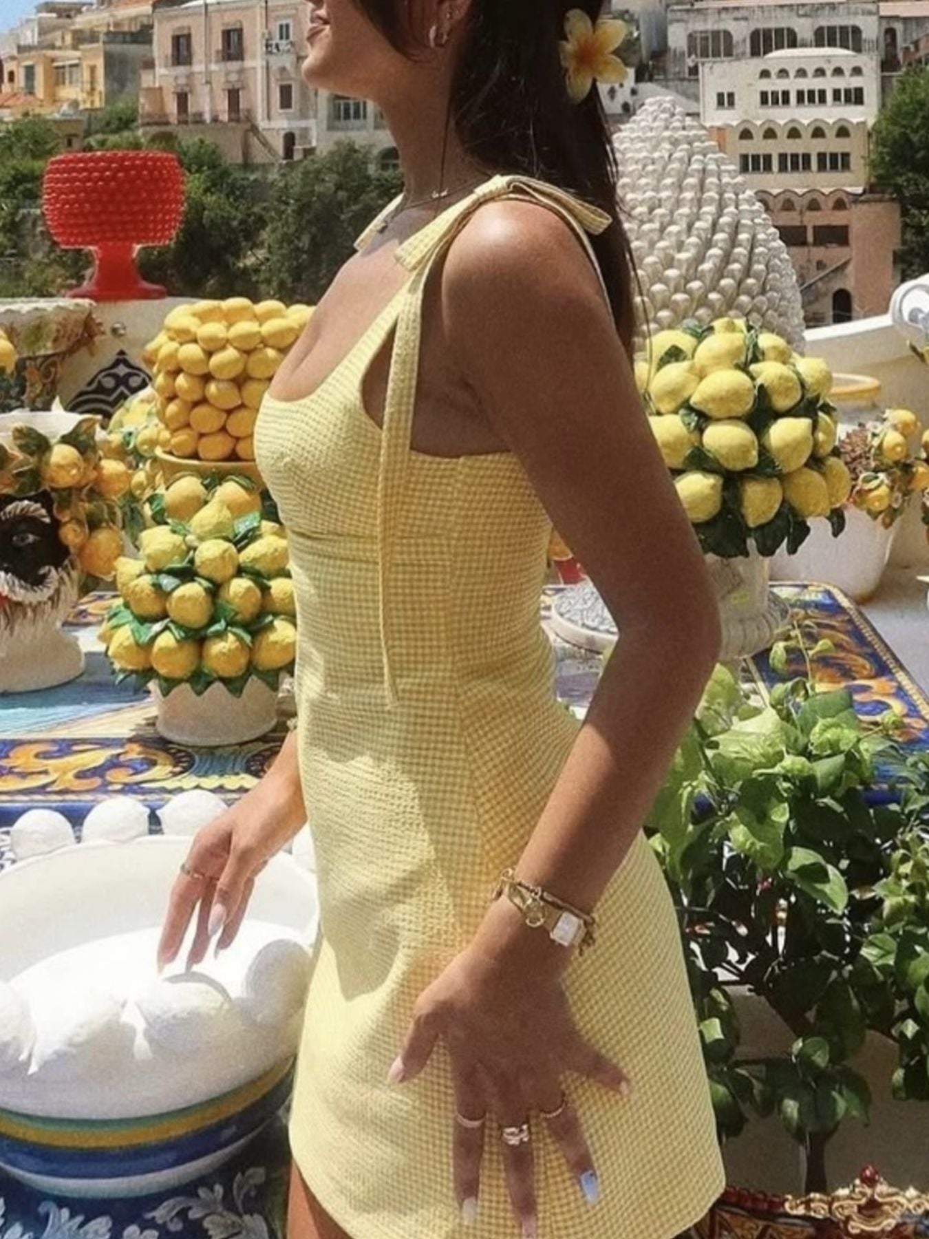 Yellow Gingham Tie-Shoulder Square Neck Mini Dress