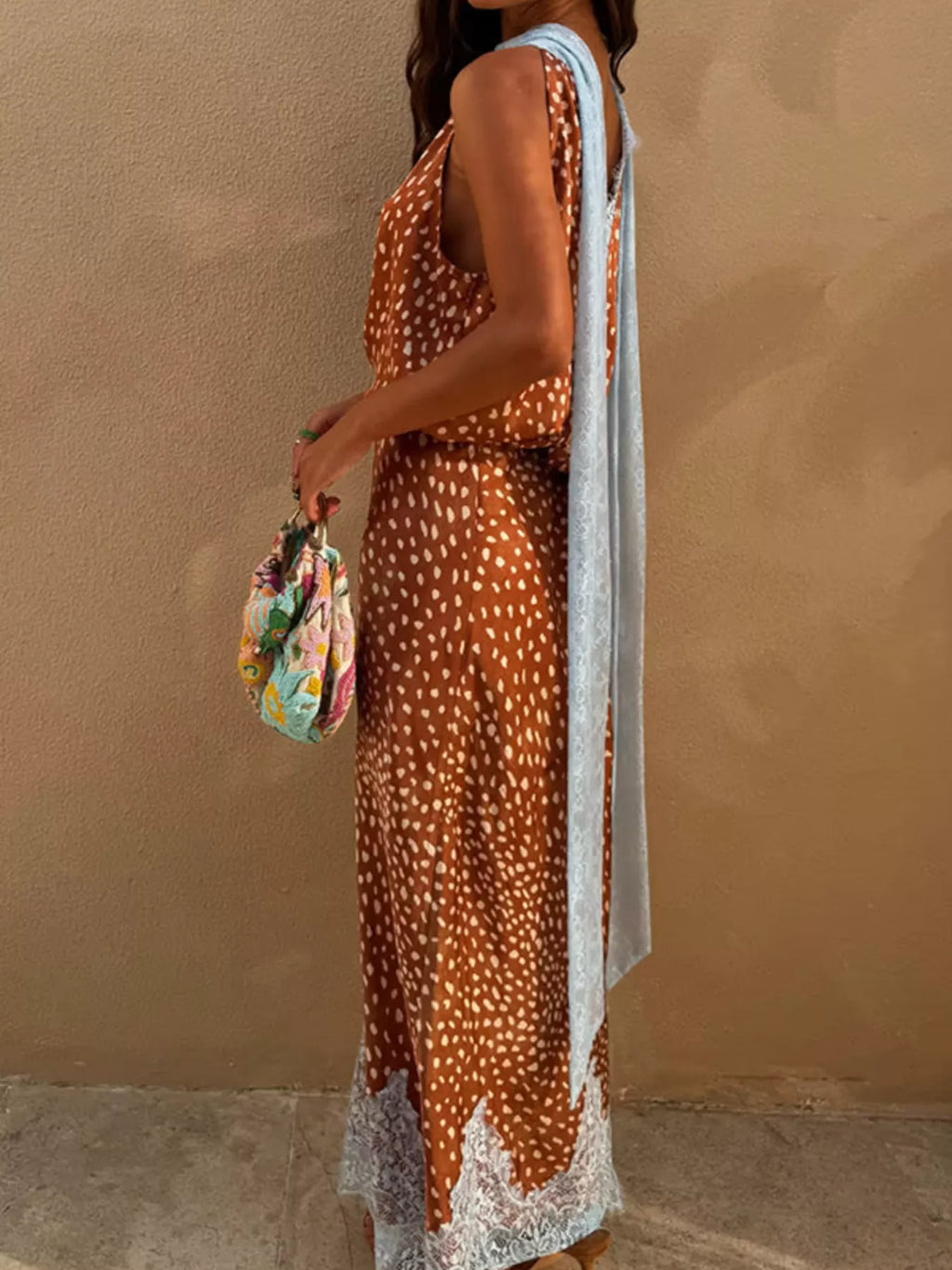 Brown Polka Dot Sleeveless Top and Lace Detail Skirt Set