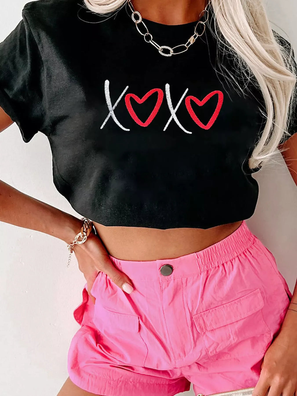 XOXO Valentines Heart Embroidered Casual Tee for Women