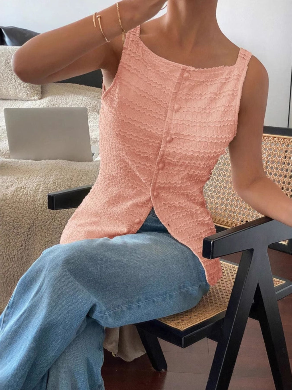 Women's Textured Button-Front Knit Tank Top