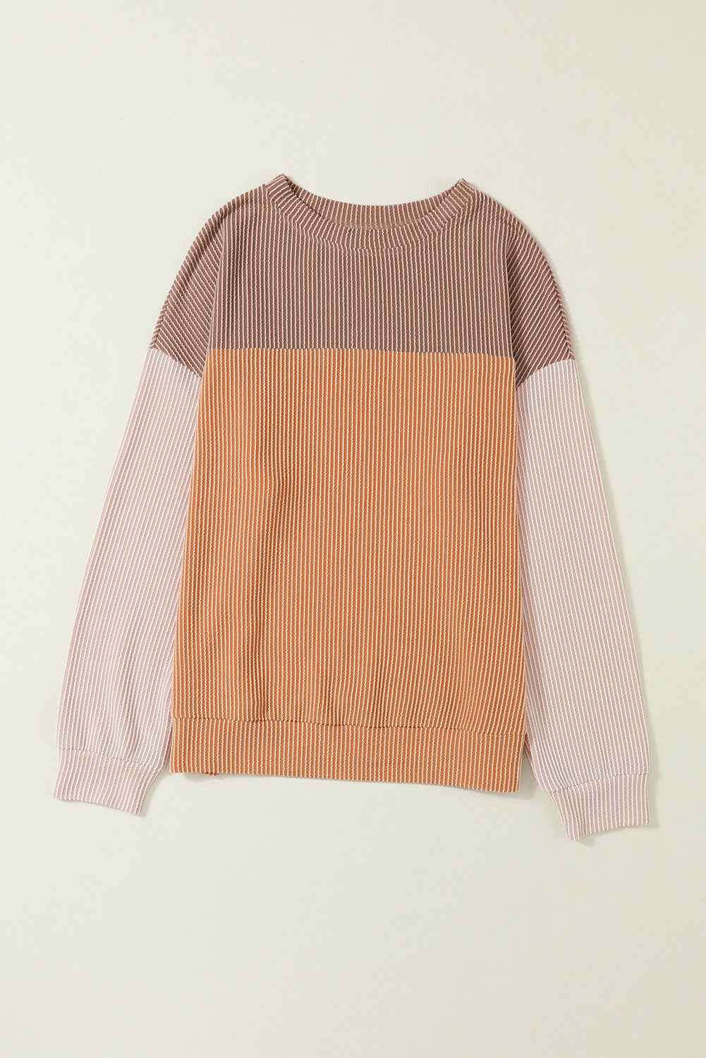 Color Block Ribbed Women's Top - Khaki Long Sleeve Loose Fit