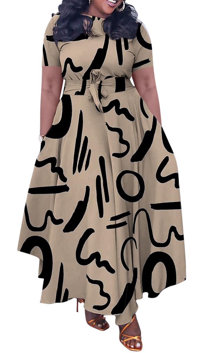BFFBABY Plus Size Dress A Line Dresses for Women Summer Long Dresses with Sleeve Casual Belted