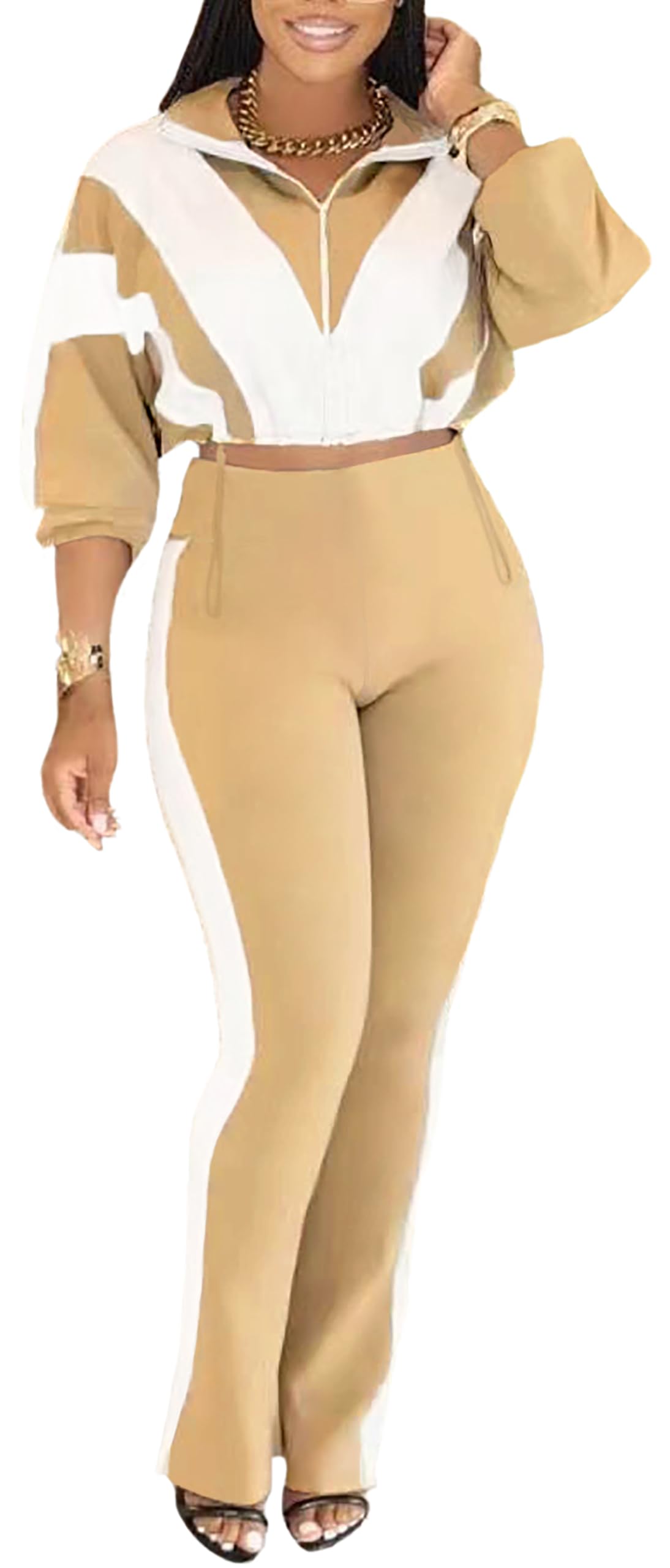 Womens 2 Piece Outfits Sets Casual Jumpsuits Track Suits for Women Set Colorblock Zip Up Cropped Jacket Pants Sweatsuits