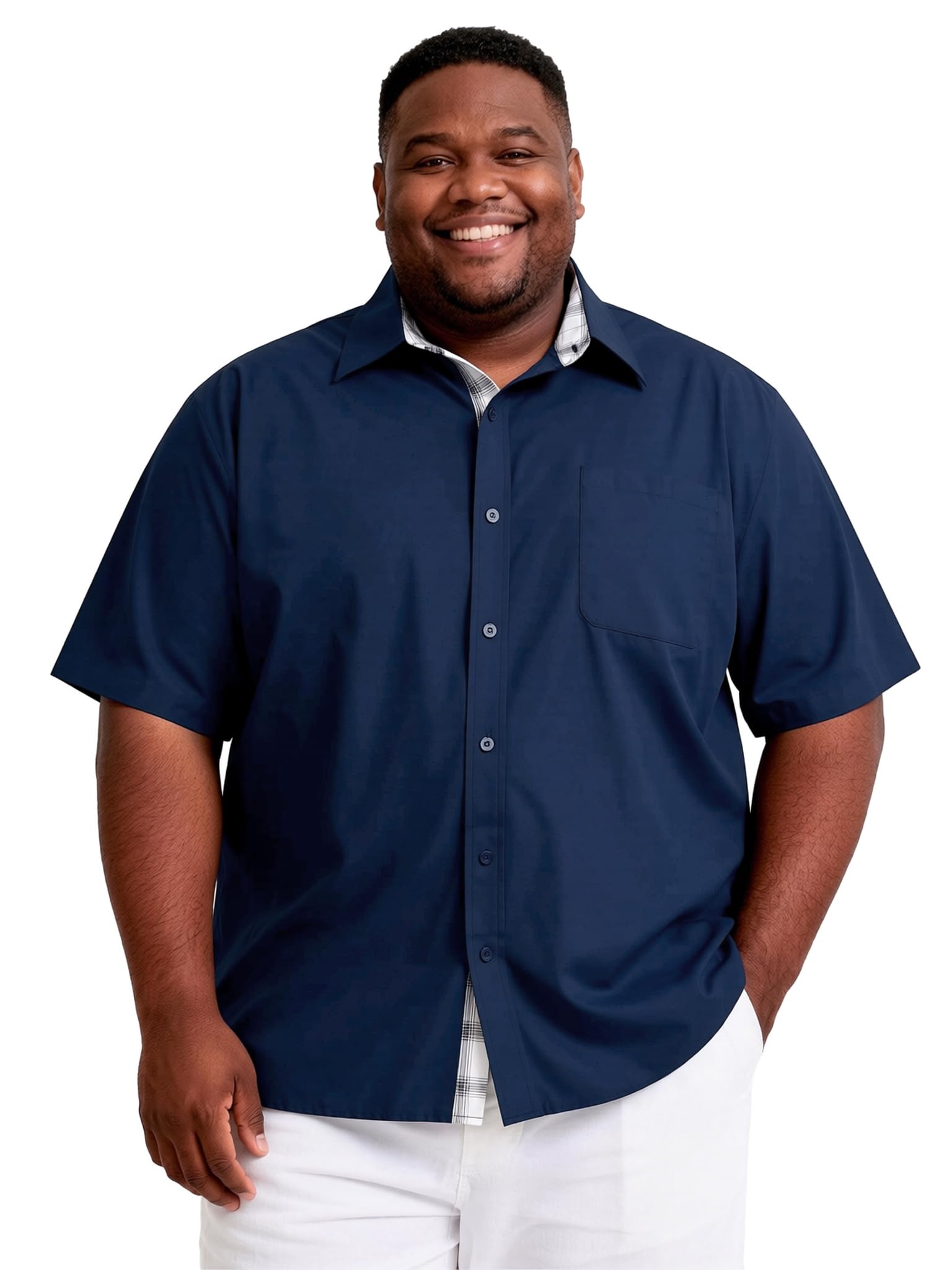 Big and Tall Dress Shirts for Men Short Sleeve Button Down Shirt with Contrast Plaid Office & Wedding Shirt