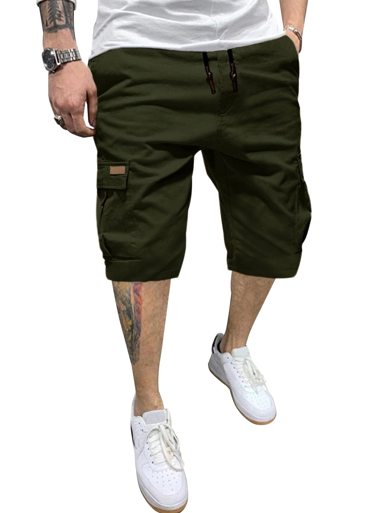 JMIERR Mens Casual Cotton Twill Cargo Shorts Drawstring Classic Chino Stretch Short with 6 Pockets