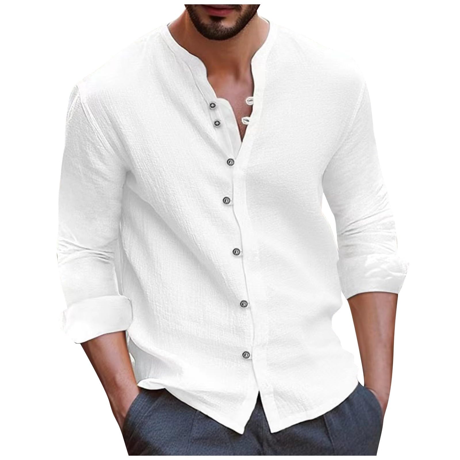 Long Sleeve Shirt Men Vintage Lightweight Plus Size Button Down Blouses Casual Workout Loose V-Neck Cotton Linen Tops