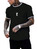 SOLY HUX Men's Crown Letter Print Striped Trim Tee Tops Short Sleeve Crew Neck Summer T Shirt