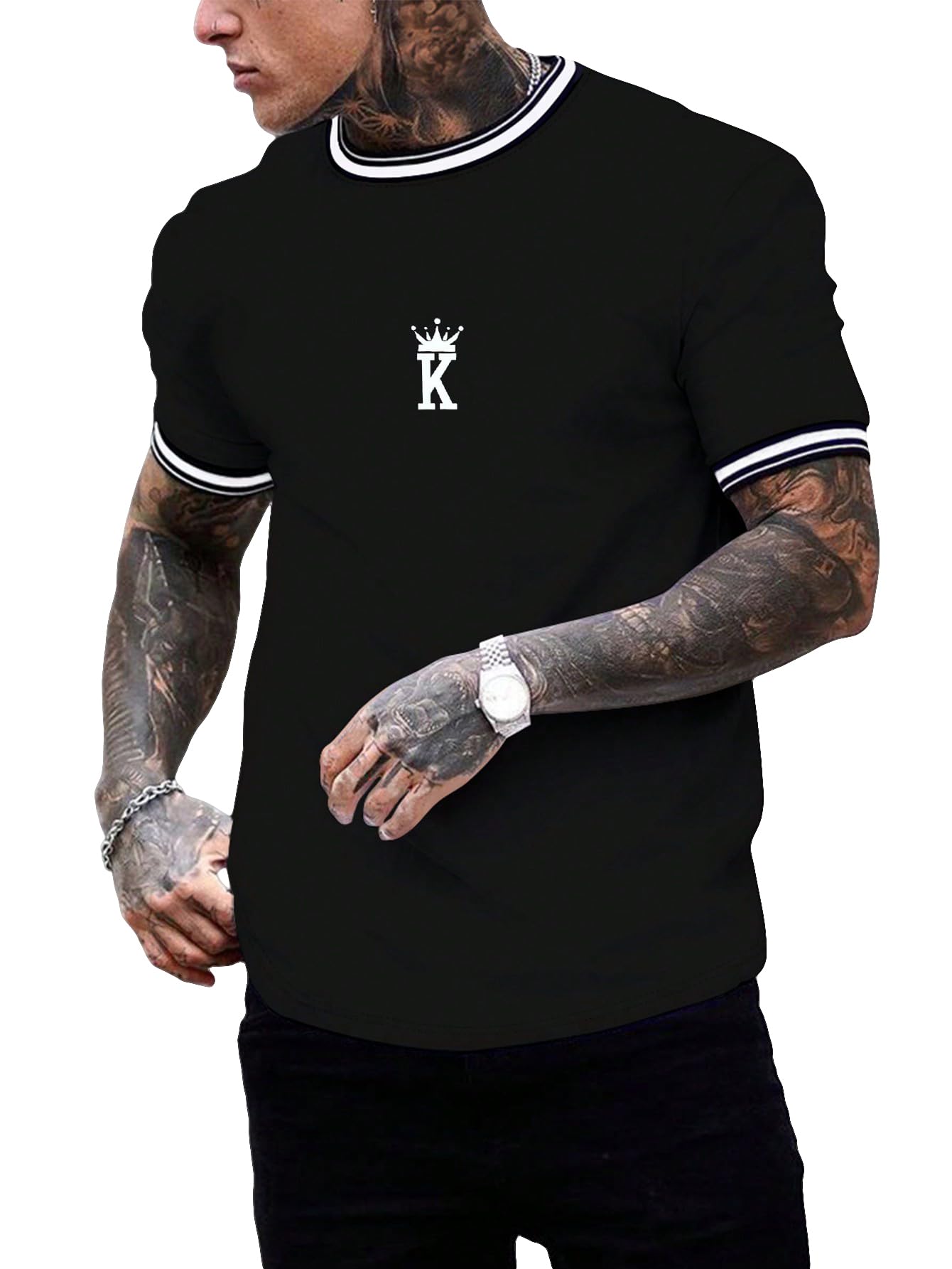 SOLY HUX Men's Crown Letter Print Striped Trim Tee Tops Short Sleeve Crew Neck Summer T Shirt