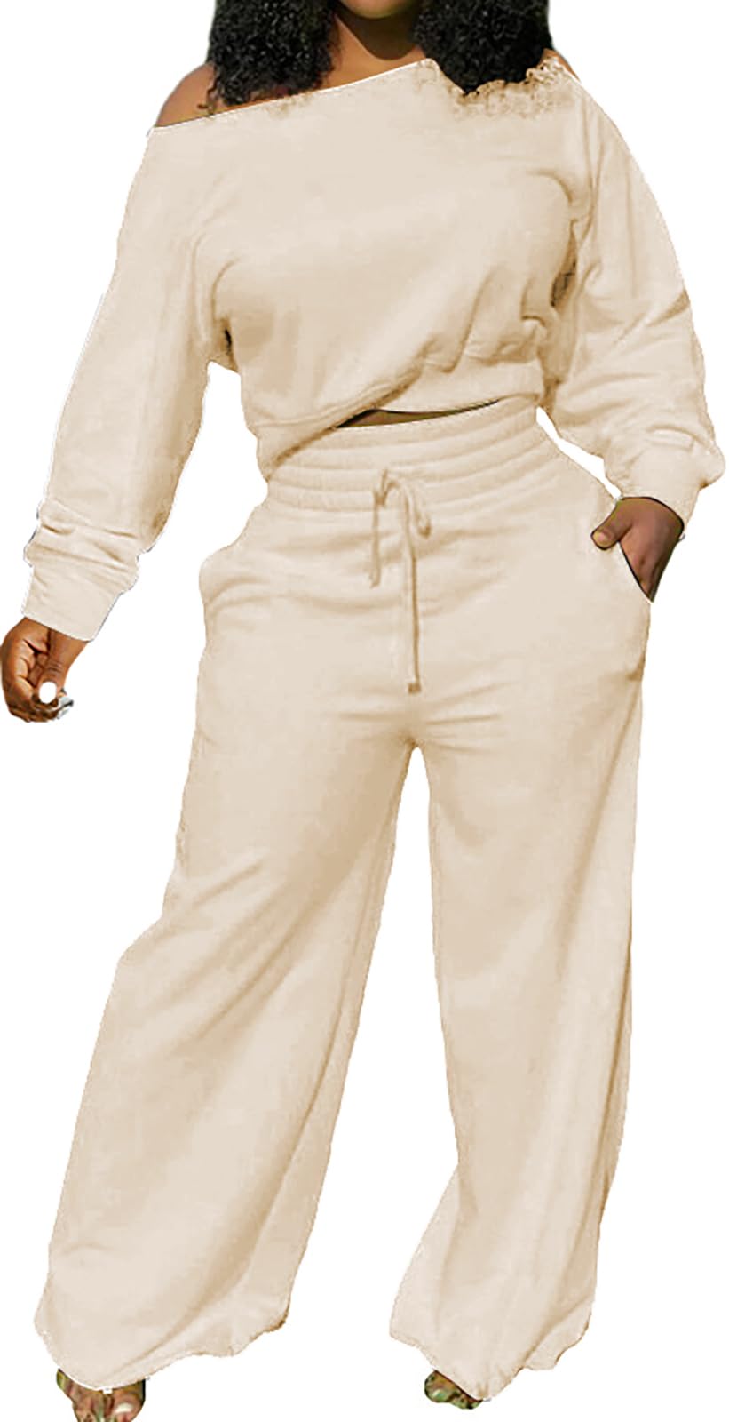 sexycherry Casual 2 Piece Outfits for Women Long Sleeve Sweatsuit Jogging Straight Long Pants Sets with Pockets