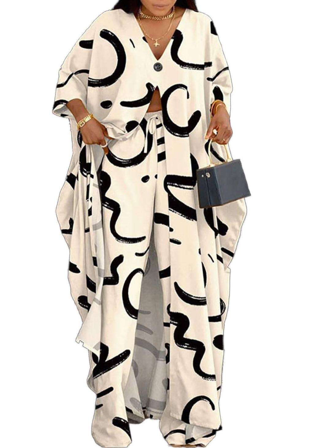 LROSEY Spring African 2 Piece Outfits Caftans for Women Floral V Neck Long Cardigan Cover Up Wide Leg Pants Sets Plus Size