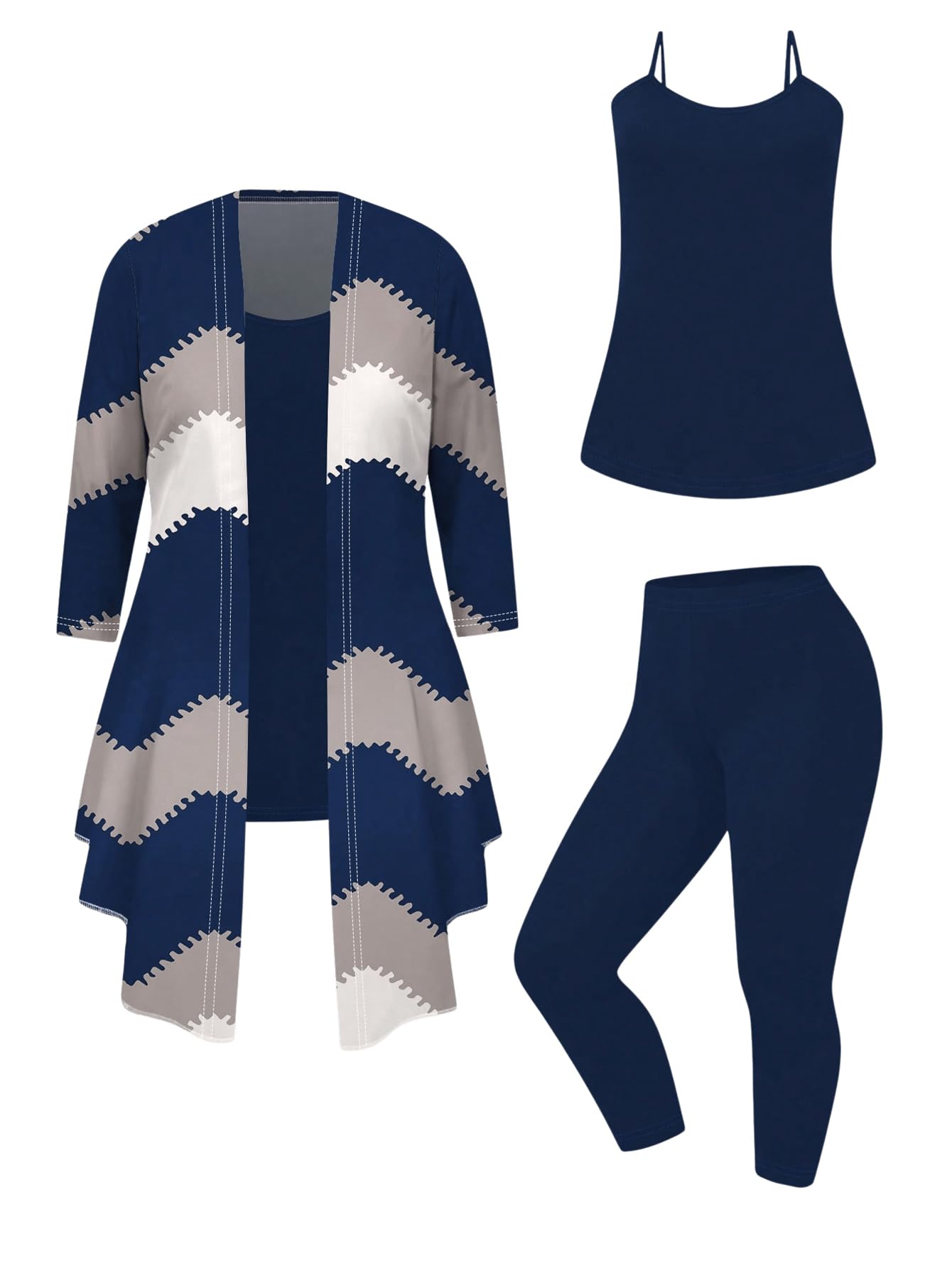 SOLY HUX Women's Plus Size 3 Piece Yoga Outfits Color Block Print Cardigan and Cami Tops with Pants Activewear Set