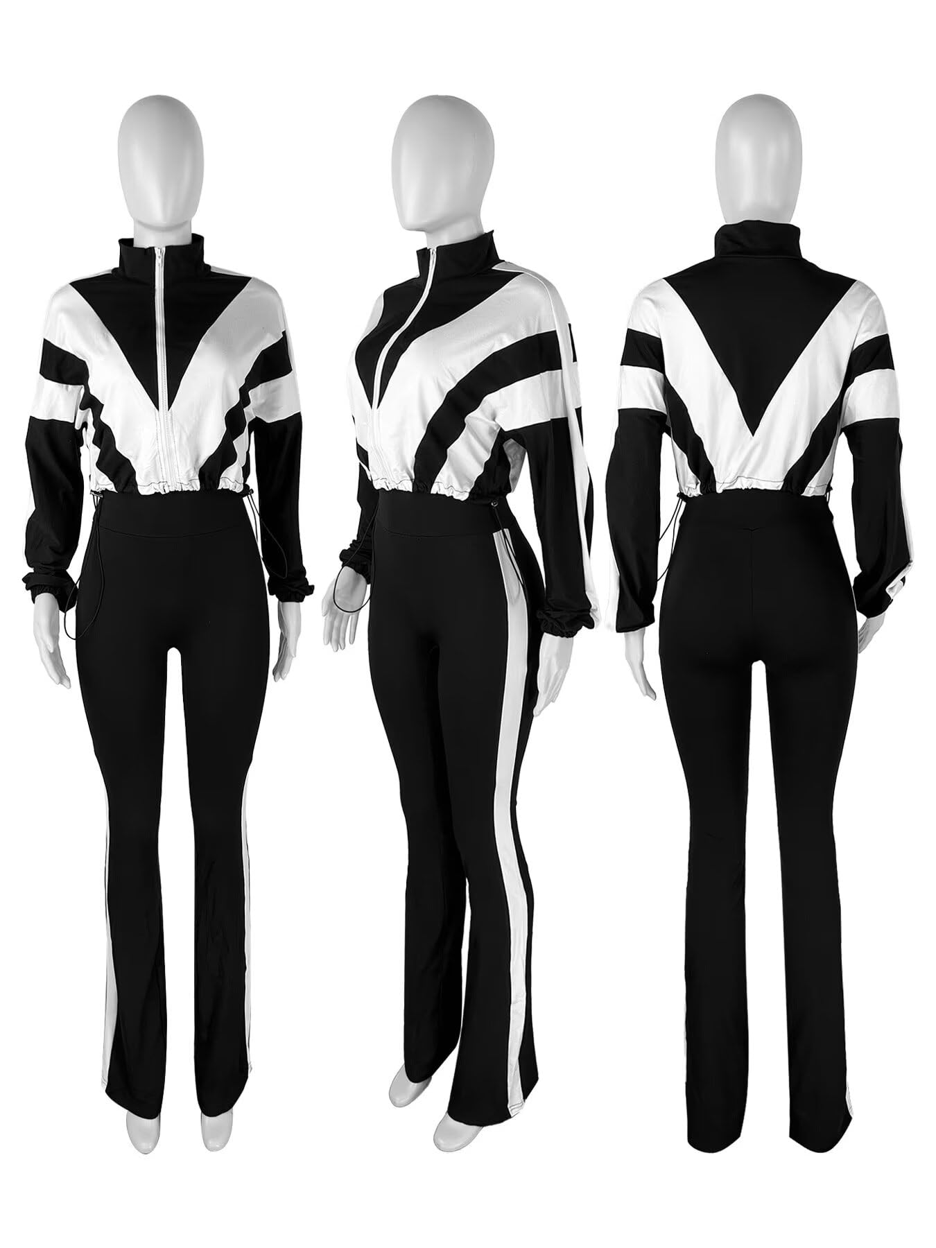Remelon Womens 2 Piece Set Sweatsuit Color Block Long Sleeve Zip Up Cropped Jacket Legging Pants Set Tracksuit Jogger Outfits