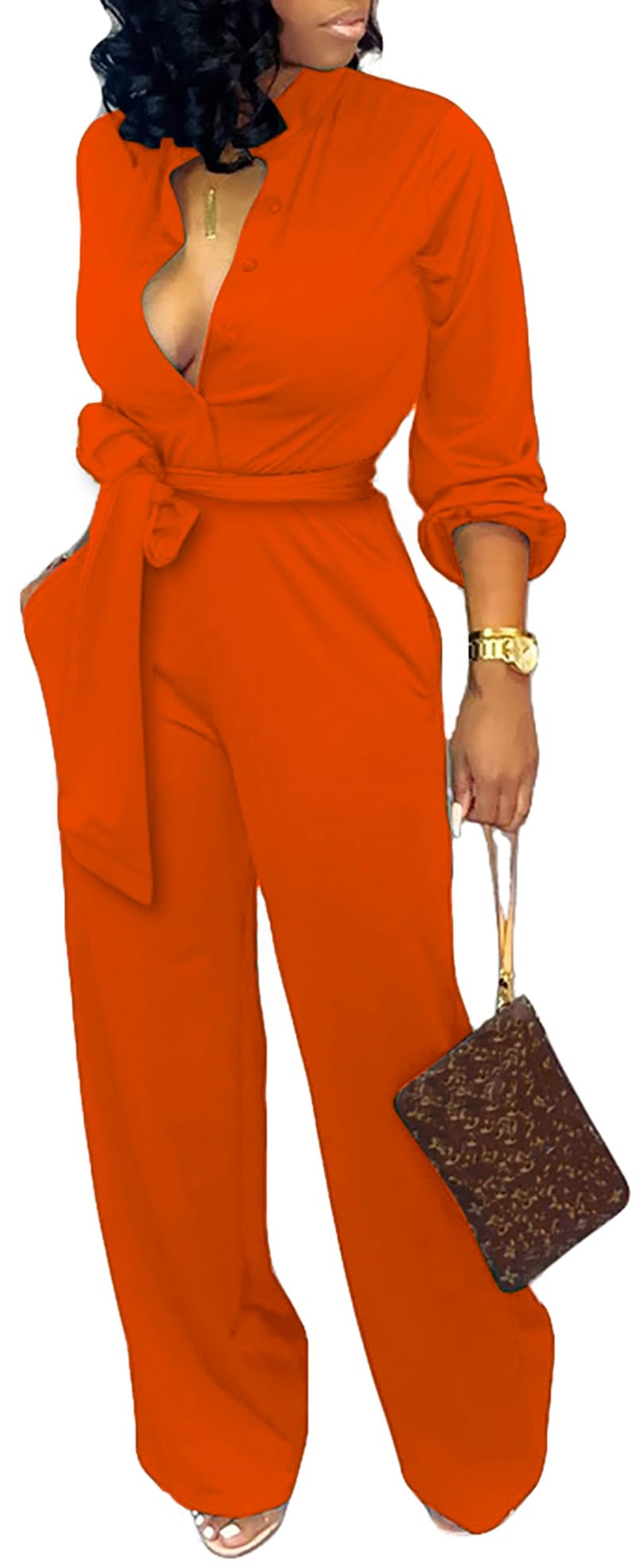 SxClub Jumpsuits for Women Formal Sexy Elegant Long Straight Pants Busineess Party Jumpsuit with Belt Pockets