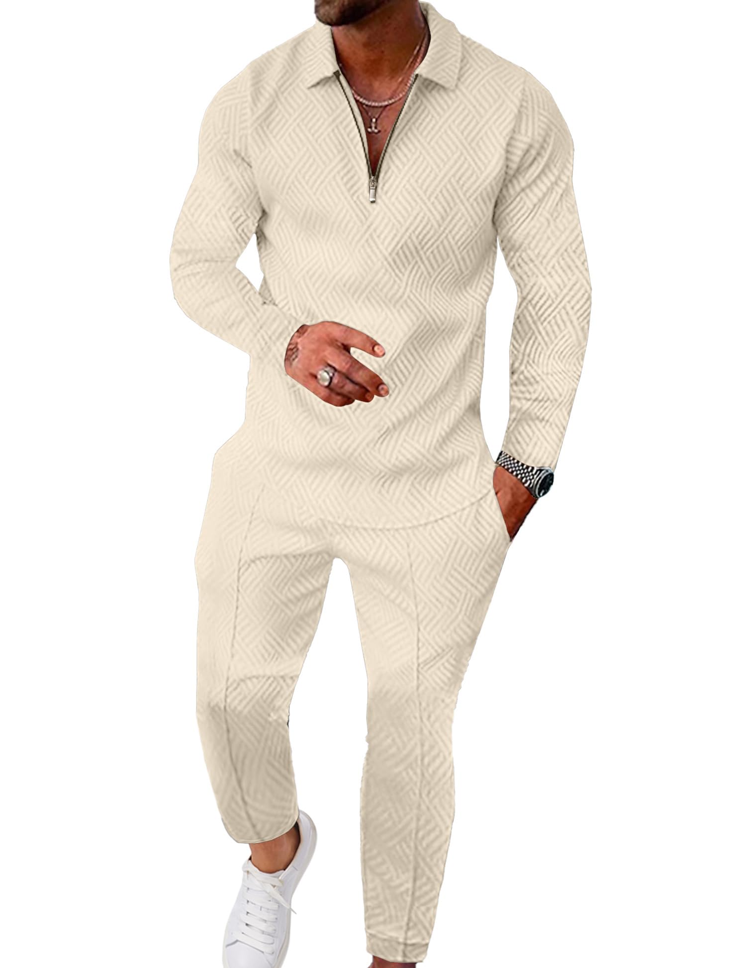 UOUA Mens 2 Piece Set Casual Outfits Polo Long Sleeve Shirt & Pants Tracksuit Loungewear Athletic Jogger Sweatsuit