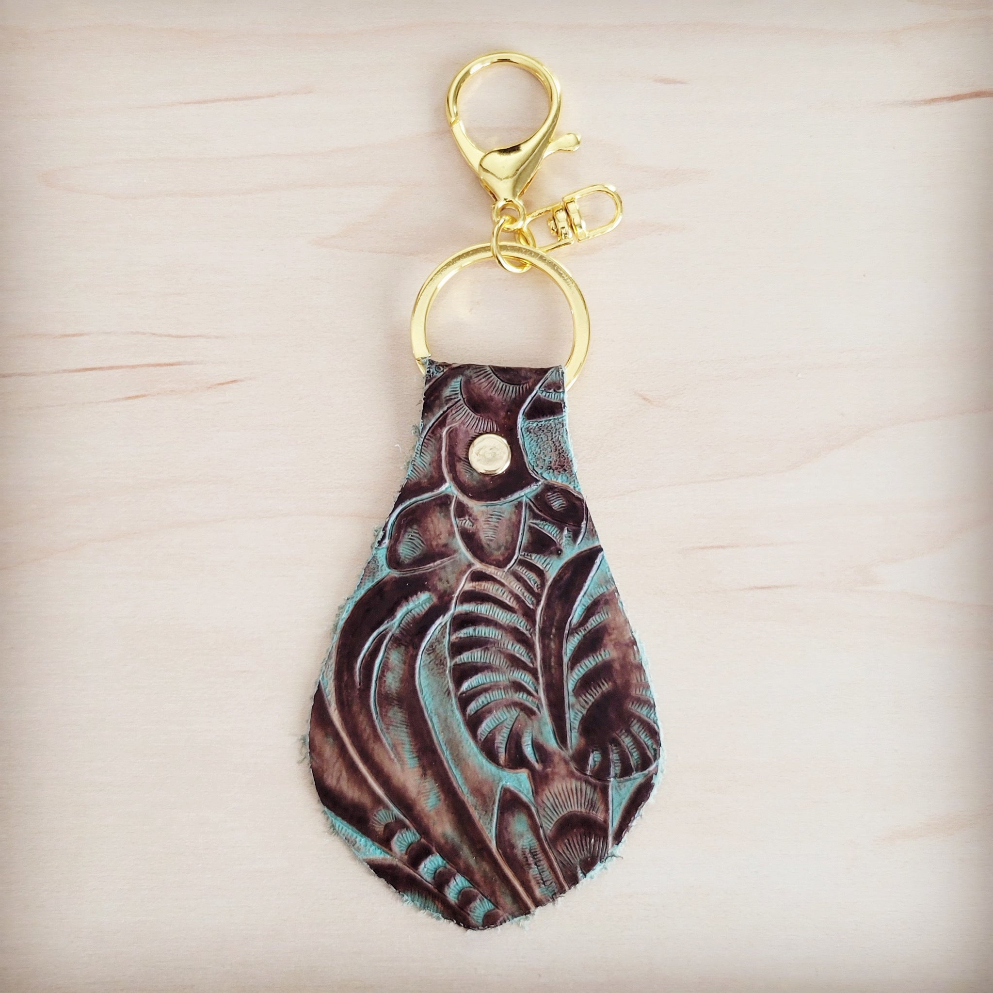 Embossed Leather Key Chain - Turquoise Brown Floral 700u