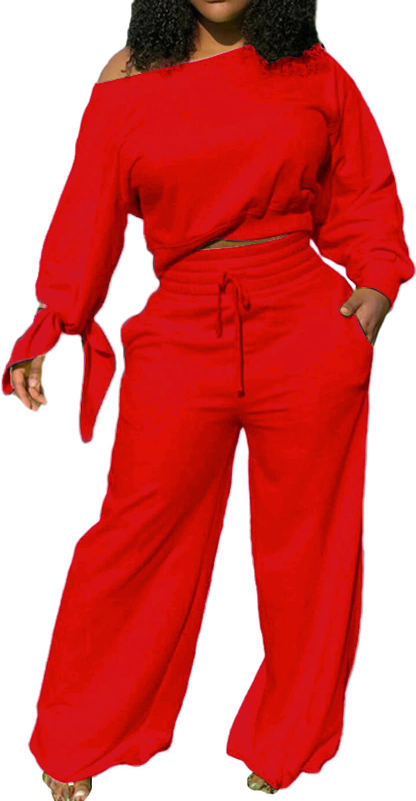 sexycherry Casual 2 Piece Outfits for Women Long Sleeve Sweatsuit Jogging Straight Long Pants Sets with Pockets