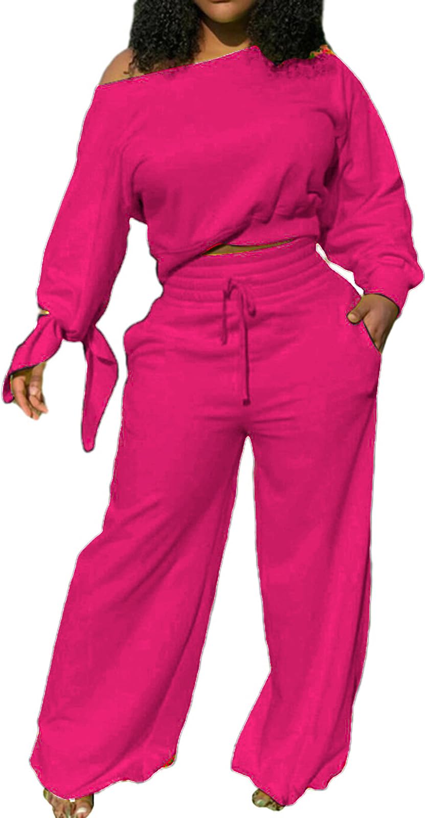 sexycherry Casual 2 Piece Outfits for Women Long Sleeve Sweatsuit Jogging Straight Long Pants Sets with Pockets