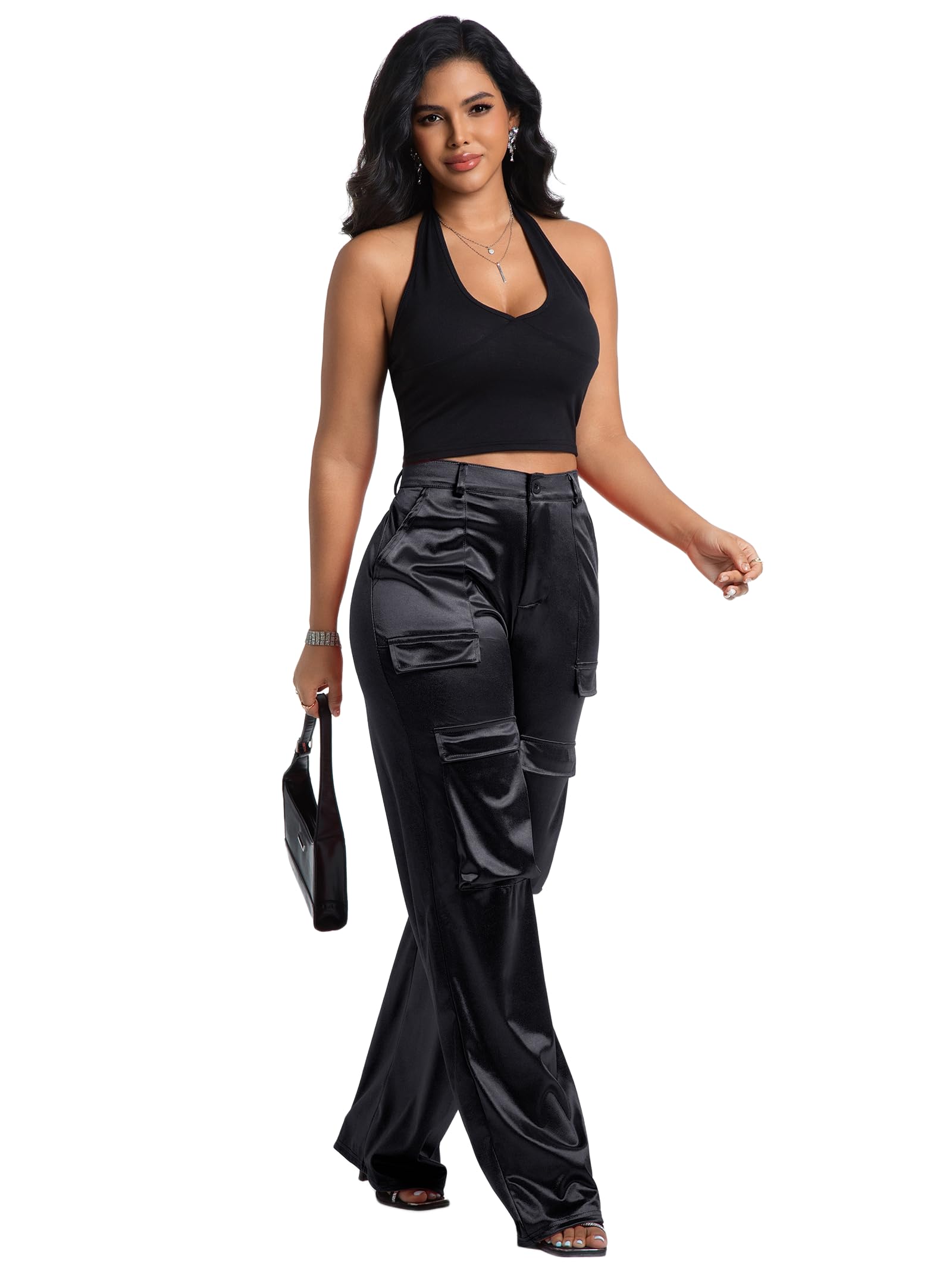 Aressdom Metallic Satin Cargo Pants for Women High Waisted Wide Leg Pants with Pockets, Dressy Going Out Concert Outfits