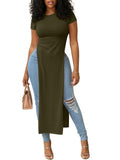 OPOIPIN Women's Crew Neck Split Slit Hem Short Sleeve Slim Fit Tee Top Long Shirt Tunic
