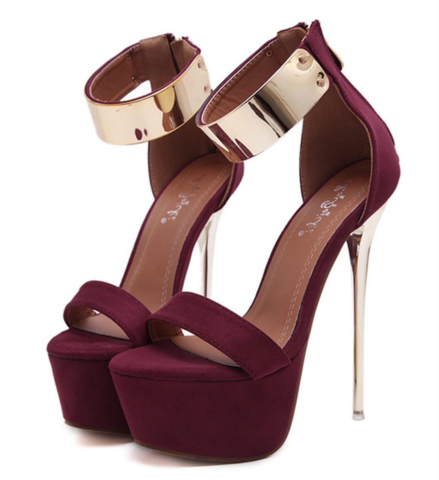 Women's Suede Platforms High Heels Shoe Fashion One Word Belt Plus Size Stiletto Sandals Slip On Metal Ankle Strap Back Zipper Backless High Heels