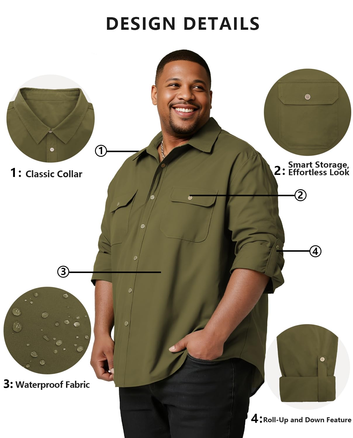 Big and Tall Shirts for Men,Button Down Work Shirt with Roll-Up Sleeves and Utility Pockets,Casual Outdoor Western Fit