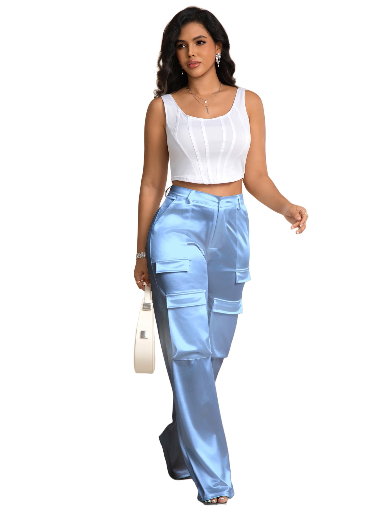 Aressdom Metallic Satin Cargo Pants for Women High Waisted Wide Leg Pants with Pockets, Dressy Going Out Concert Outfits