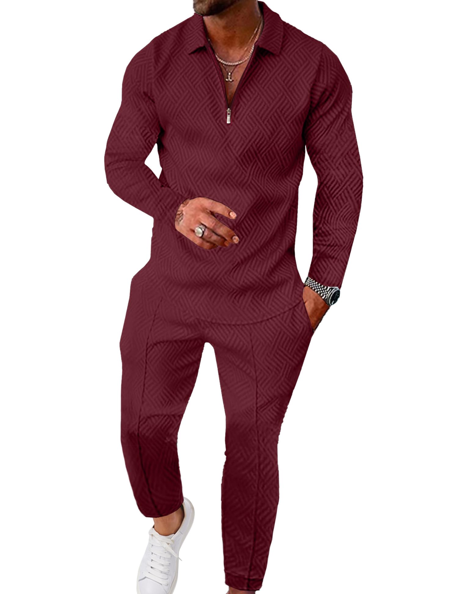 UOUA Mens 2 Piece Set Casual Outfits Polo Long Sleeve Shirt & Pants Tracksuit Loungewear Athletic Jogger Sweatsuit