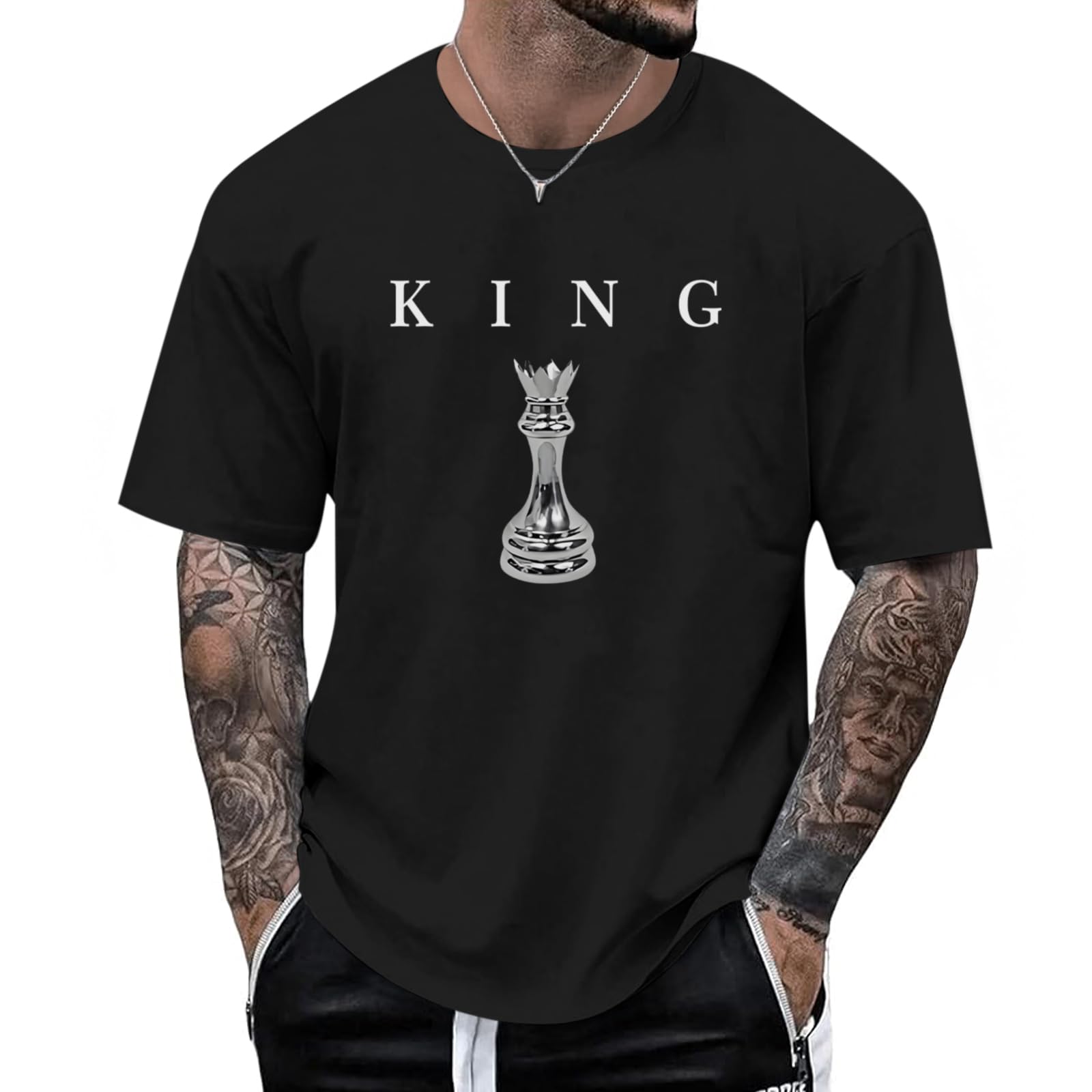 Kelxjia Men's King Chess Shirt Graphic Tees Designer Printed T Shirts for Men Urban Letter T-Shirt Streetwear