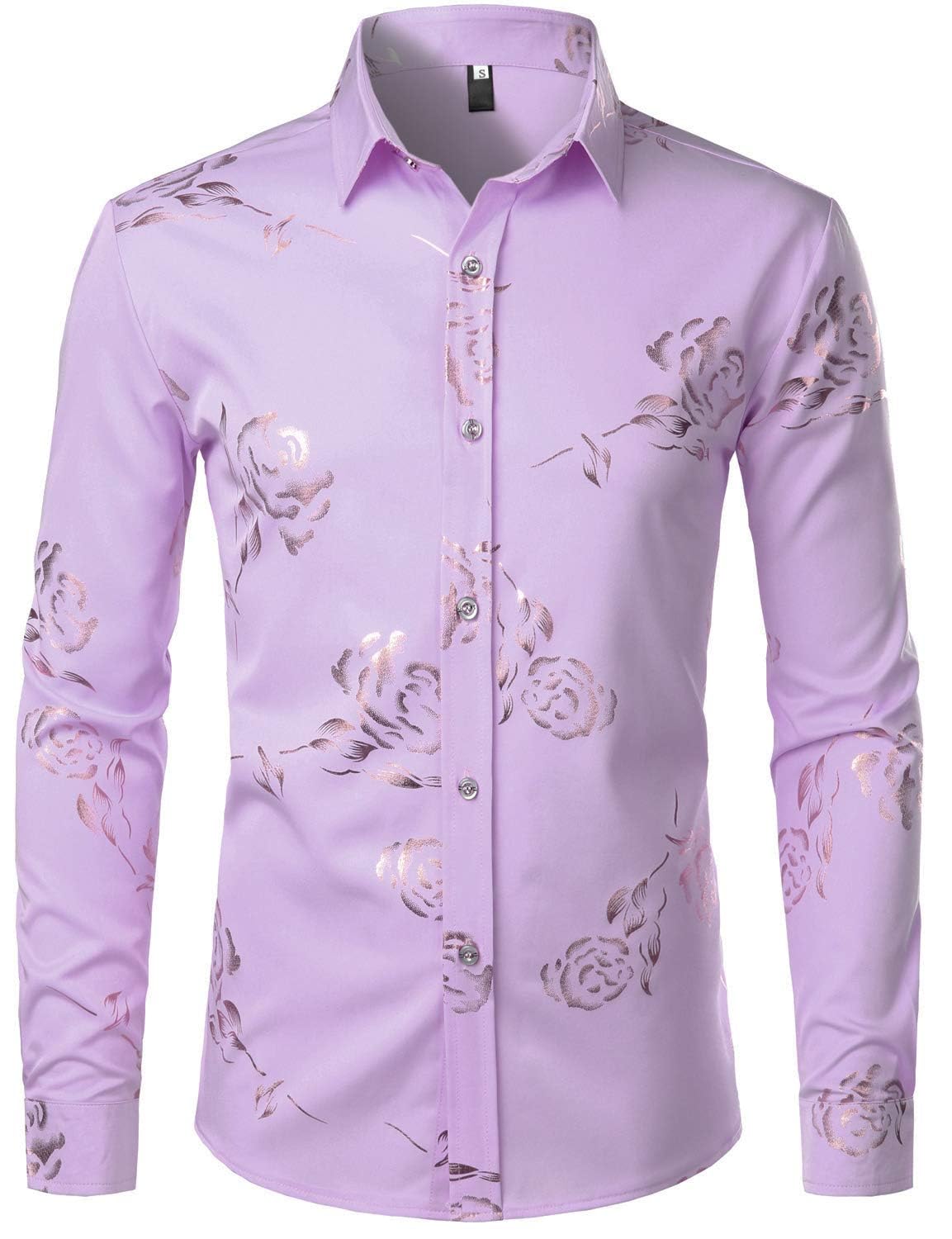 ZEROYAA Mens Hipster Rose Printed Slim Fit Long Sleeve Dress Shirts Prom Performing Shirts