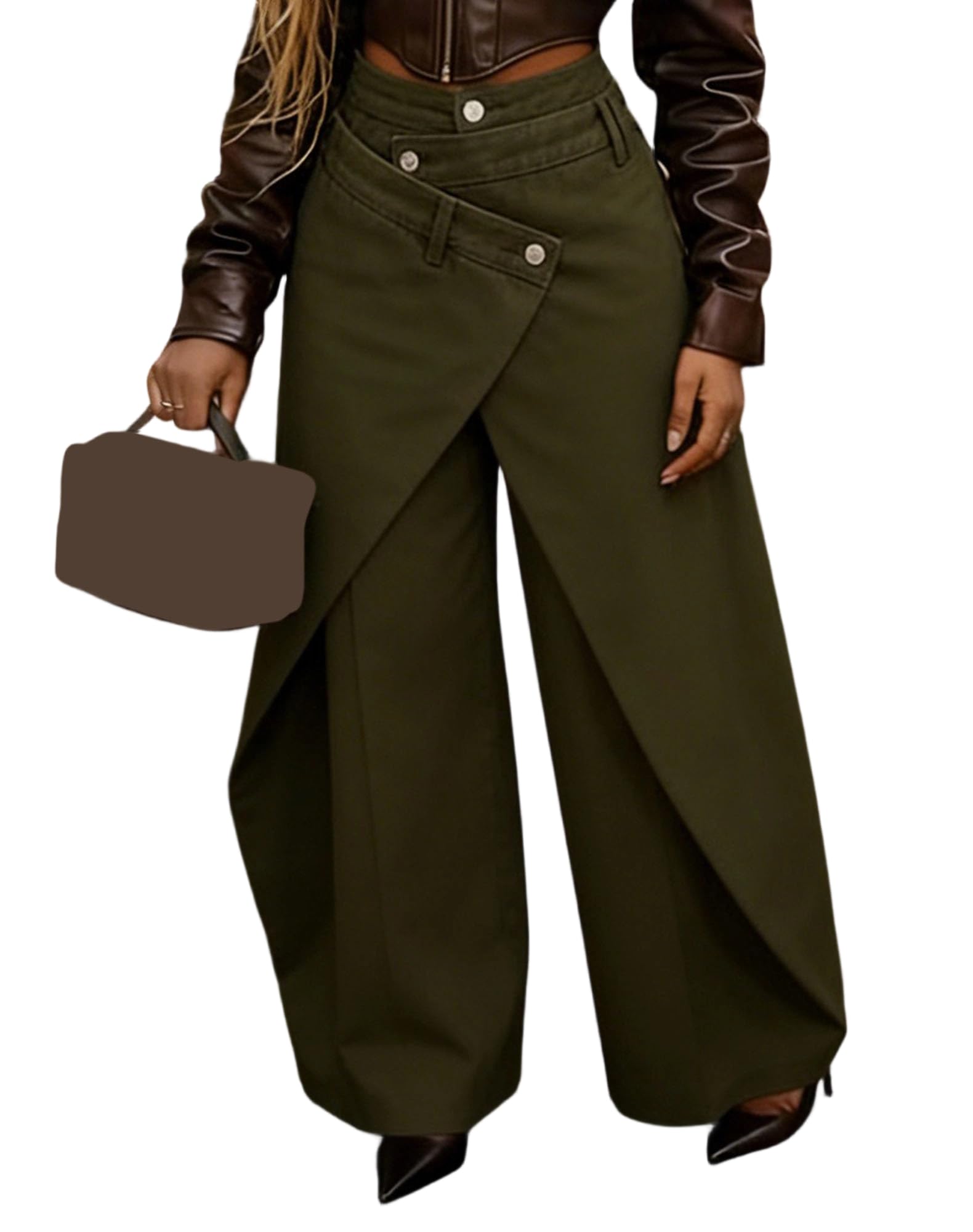 Luotasia Women’s Asymmetrical Wide Leg Pants Trendy Irregular Patchwork Plus Size Trousers Streetwear