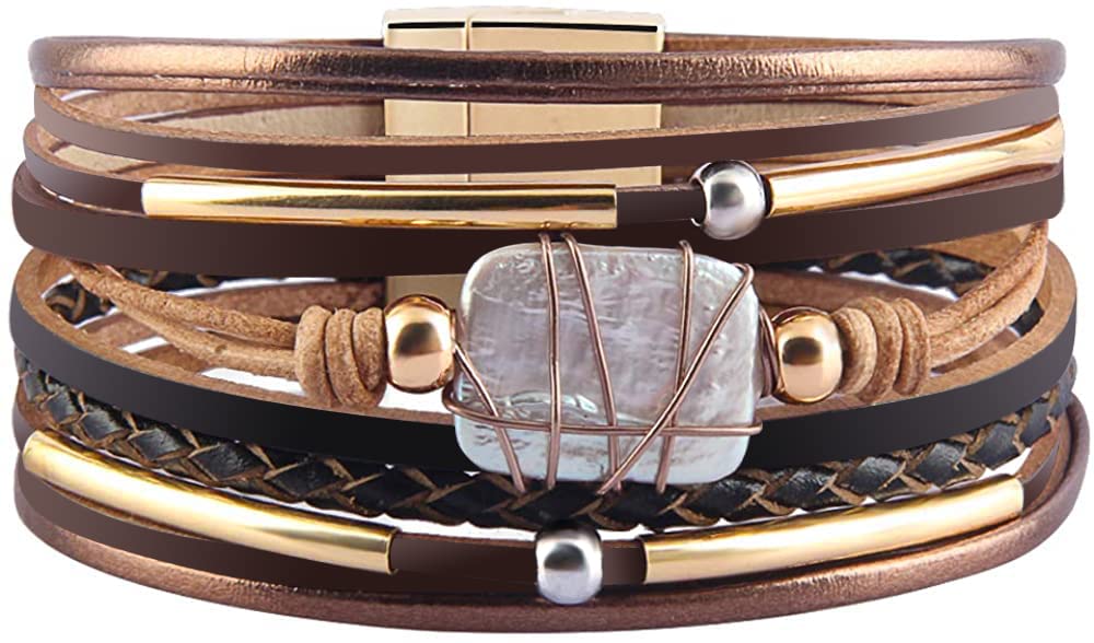 Fesciory Leather Wrap Bracelets for Women, Boho Leopard Multi-Layer Crystal Beads Cuff Bracelet Jewelry