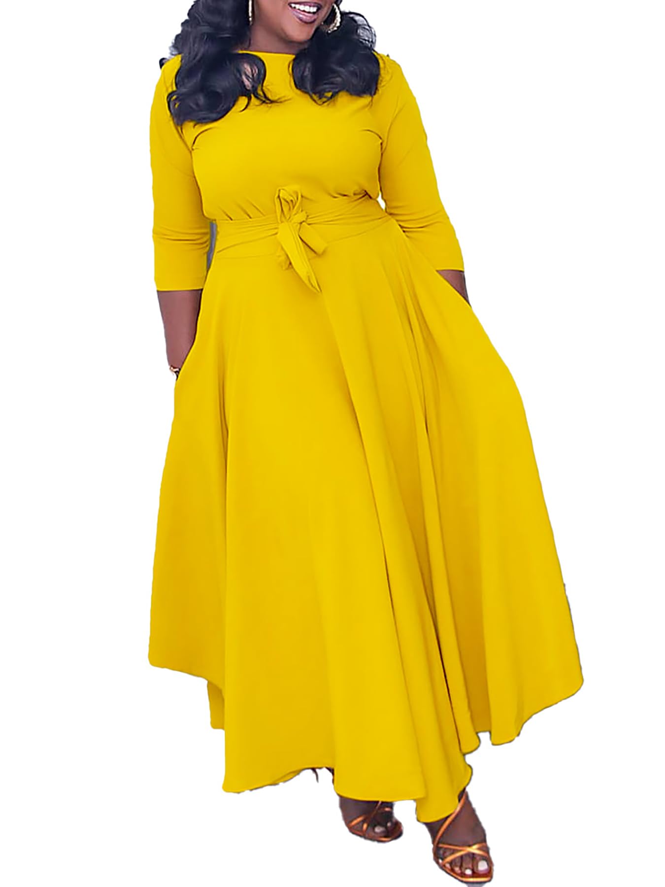 Baczoe Plus Size Dress for Curvy Women Stretch Self Tie A-Line Maxi Dress with Pockets Swing Long Outfit