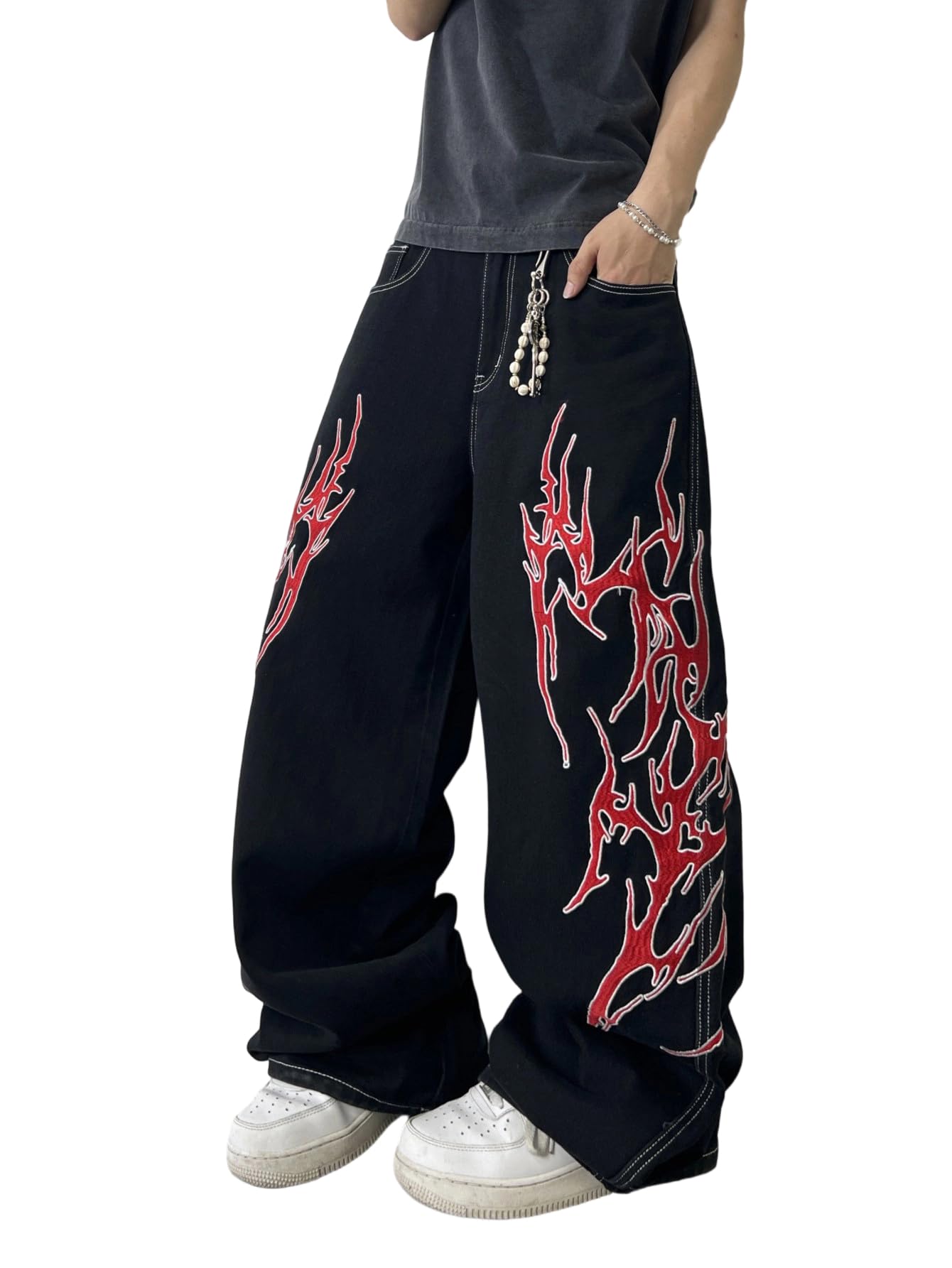 DFGIGT Men's Hip-hop Embroidered Baggy Jeans Loose Fit Denim Black Trousers