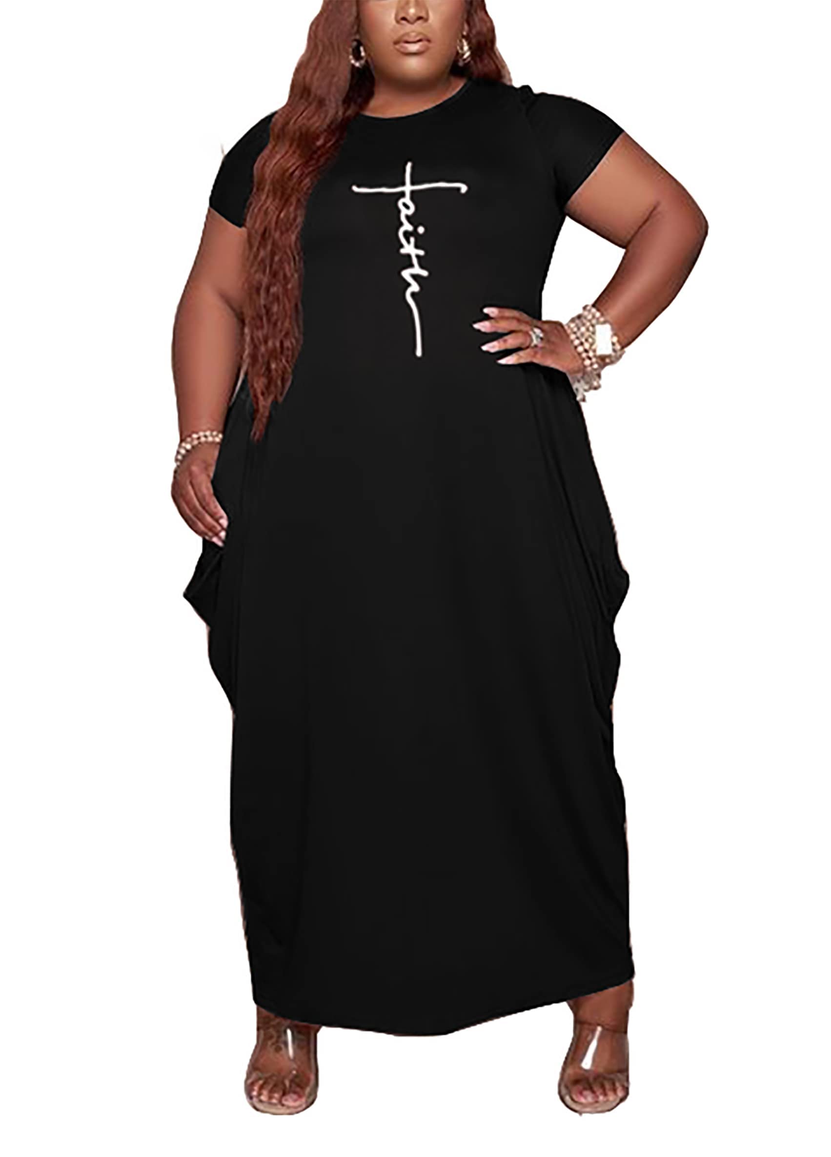 AIIYYQB Women's Summer Plus Size Short Sleeved Long Dress Casual Loose Faith Beach Maxi Dress with Pockets