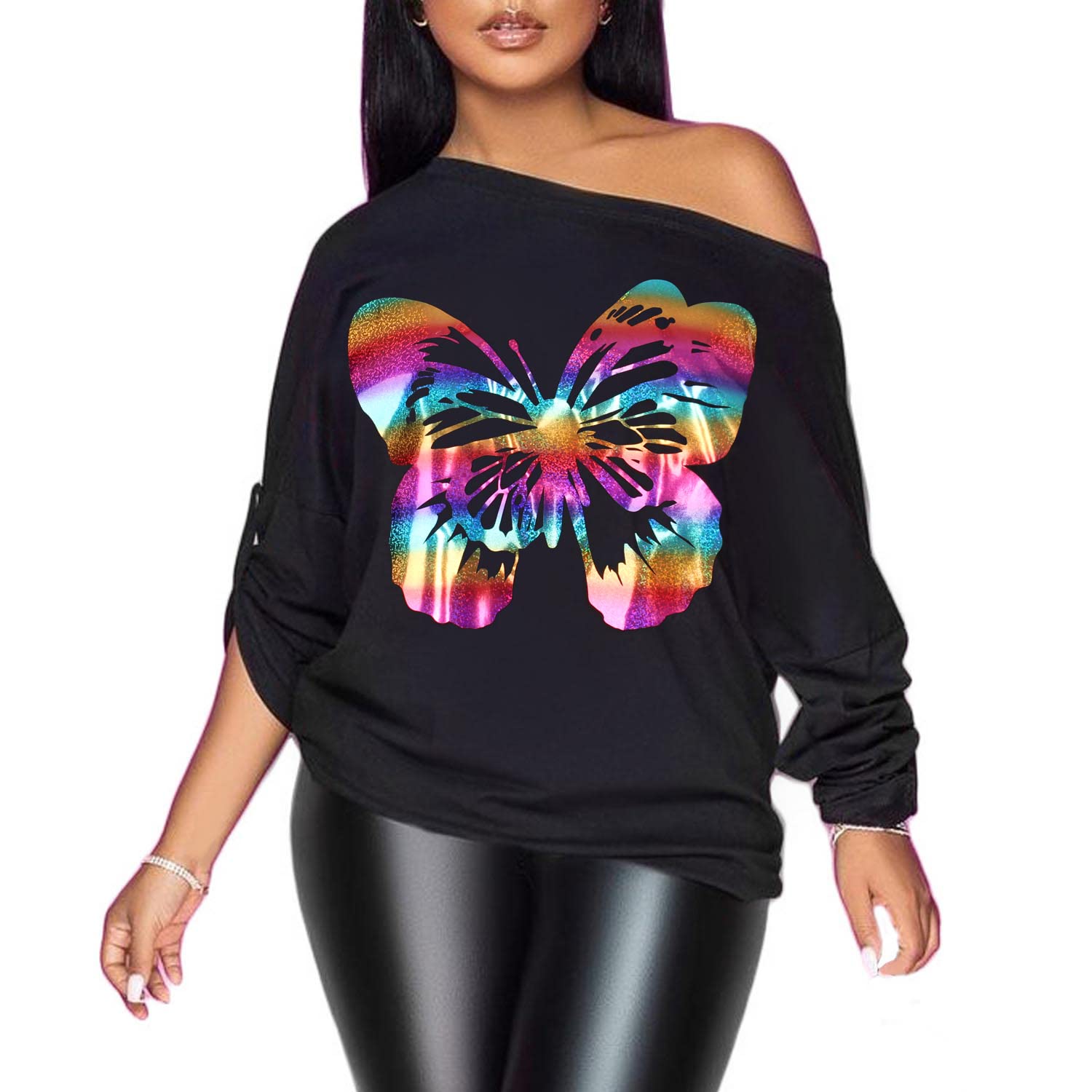 PESION Womens Off The Shoulder Tops Sexy Shiny Metallic Shirts Long Sleeves Fashion Graphic T-Shirts Blouses