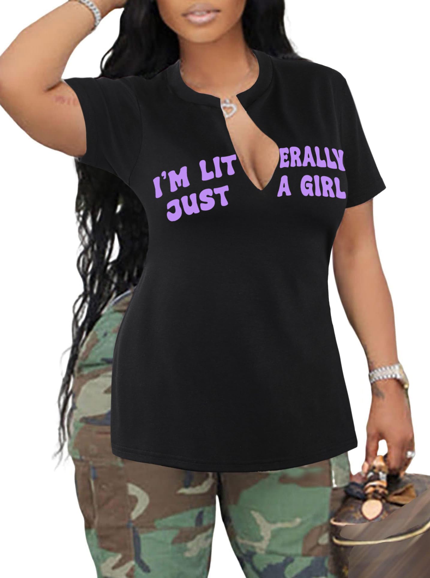 LovelyWholesale Womens Graphic Tees Sexy V Neck T Shirts Short Sleeve Side Slit Summer Tops
