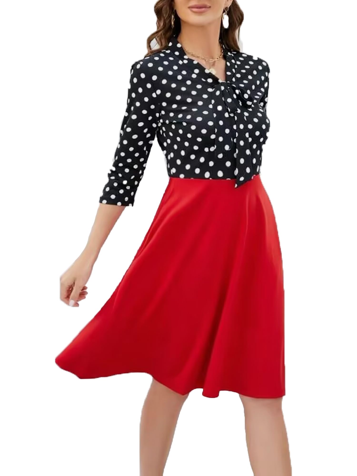 oxiuly Women's Vintage Bow Tie V-Neck Pockets Casual Work Party Cocktail Swing A-line Dresses OX278