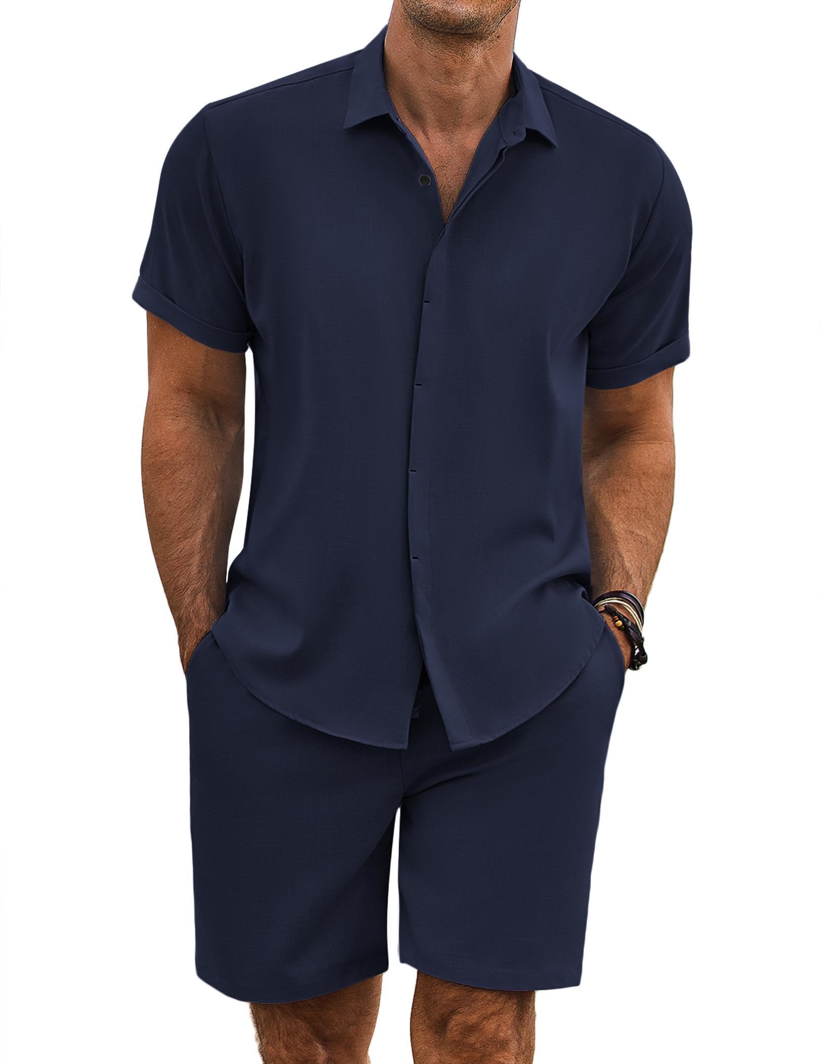 COOFANDY Men's Summer Beach Outfits 2 Piece Short Sleeve Shirts and Shorts Vacation Texture Linen Sets for Men