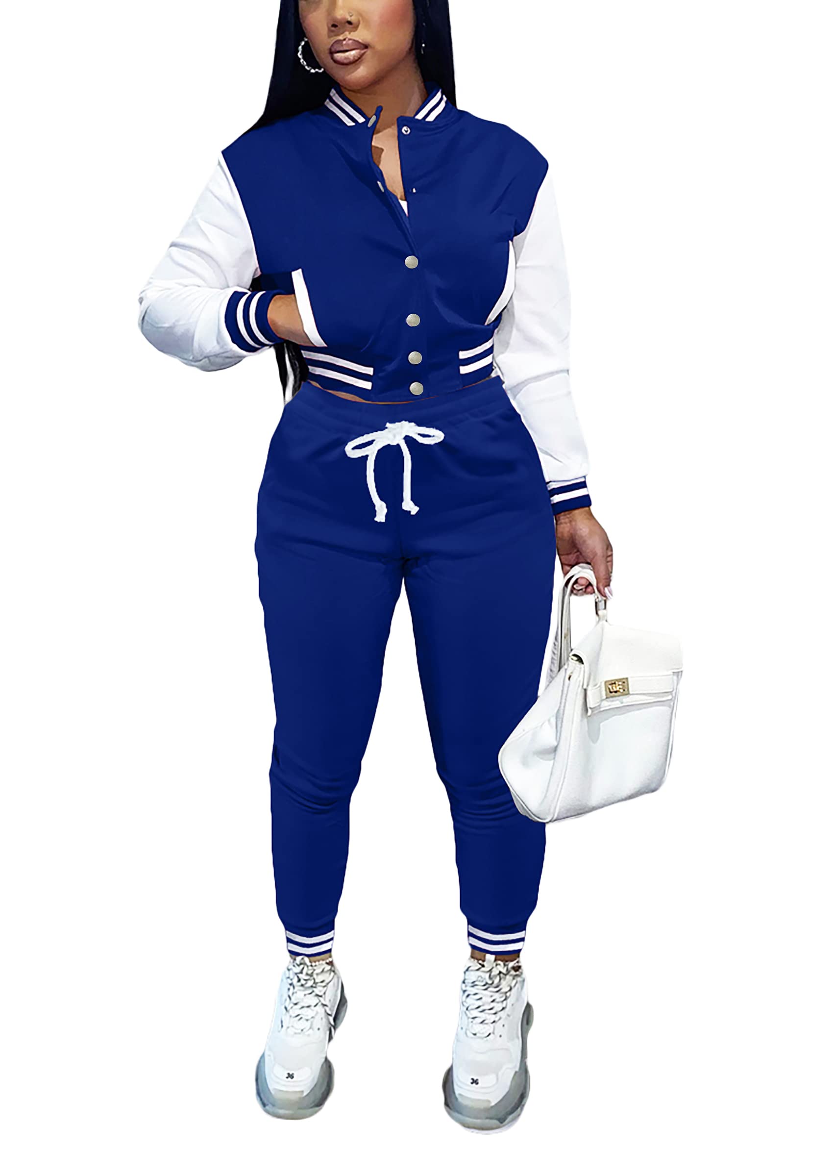 Fooullaide Women's Varsity Jacket Sweatsuit 2 Piece Tracksuit Crop Top Button Down Letterman Jackets Pants Sets