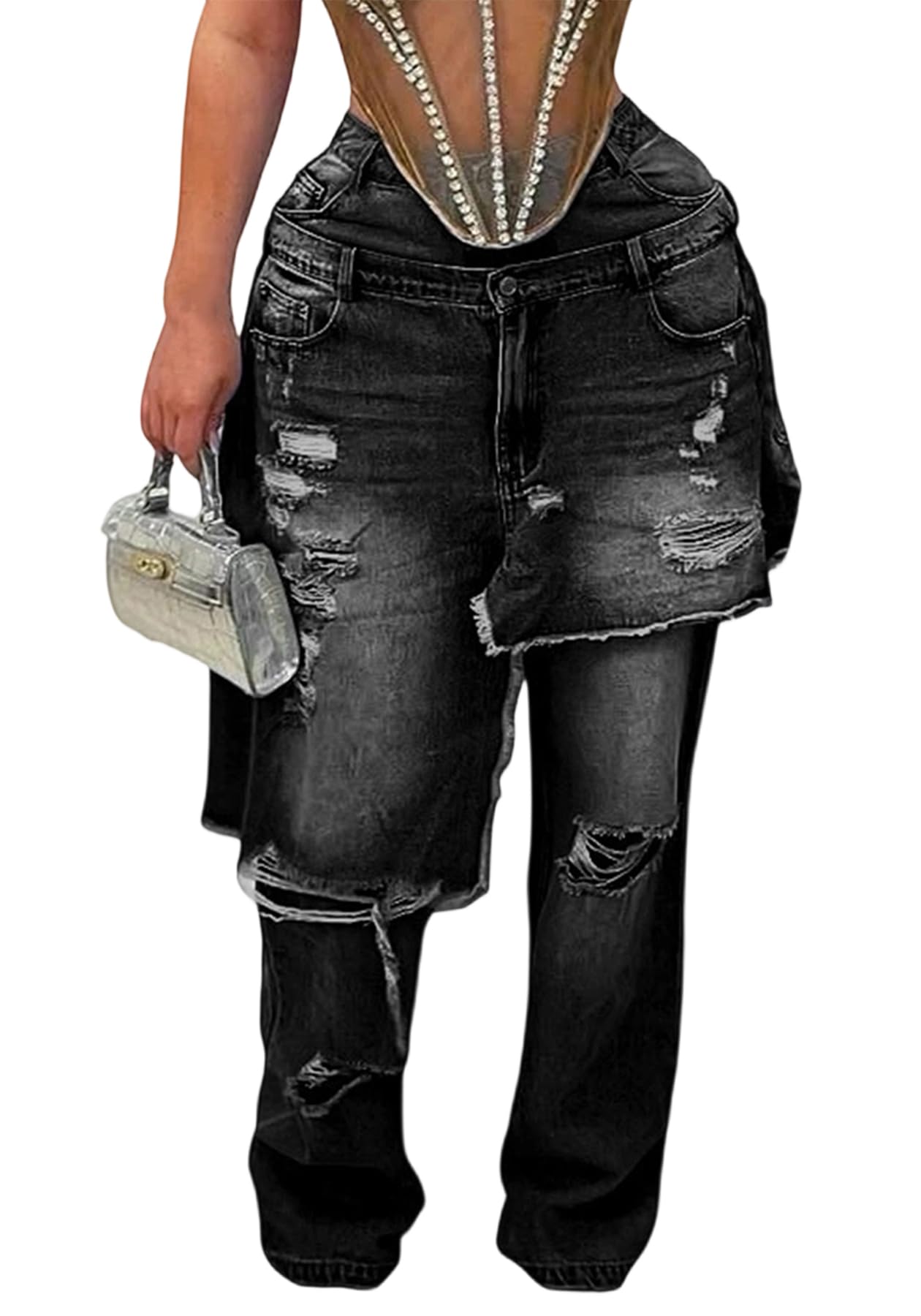 LKOUS Women's Ripped Baggy Jeans High Waist Wide Leg Patchwork Distressed Cutout Stretchy Denim Pants Streetwear