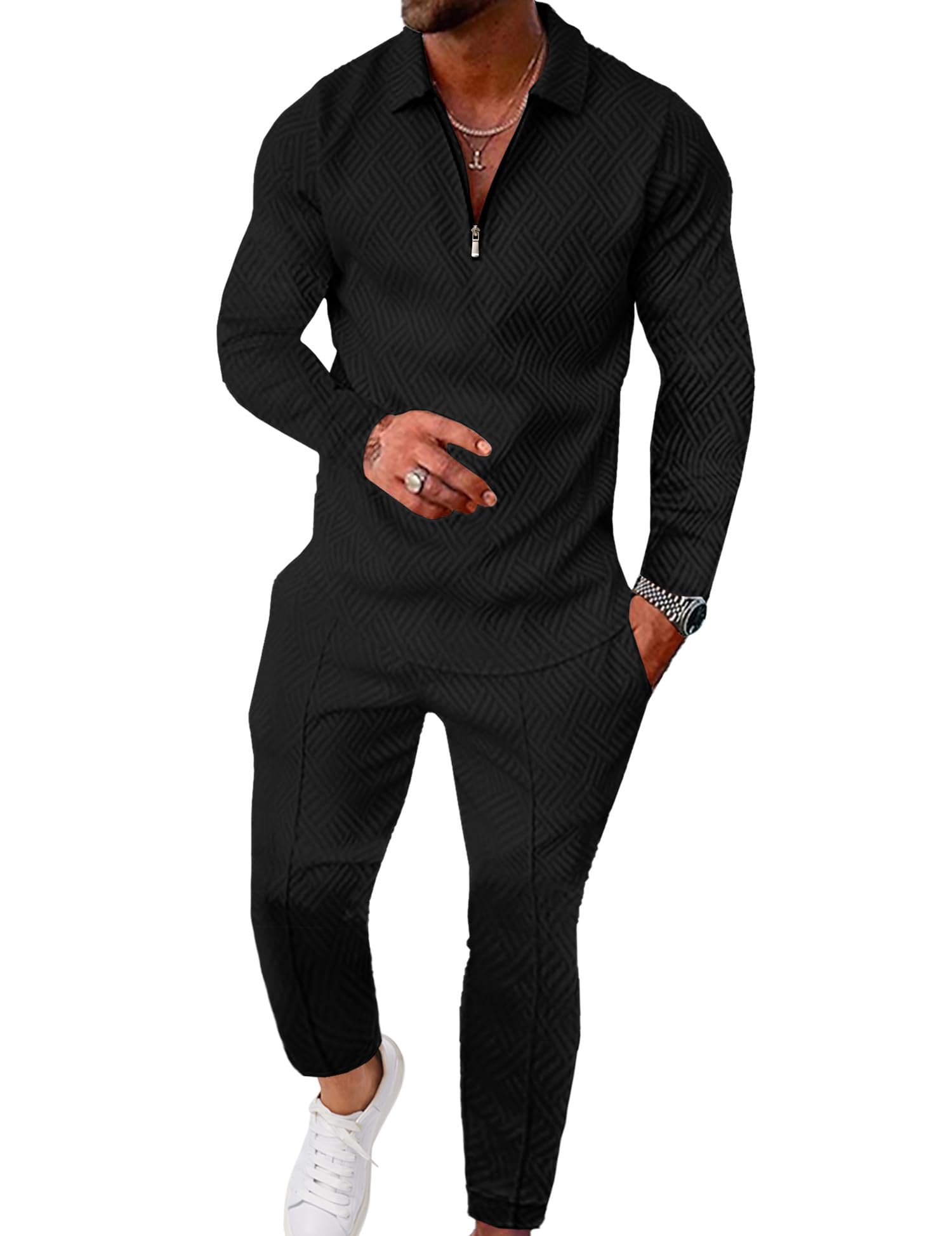 UOUA Mens 2 Piece Set Casual Outfits Polo Long Sleeve Shirt & Pants Tracksuit Loungewear Athletic Jogger Sweatsuit