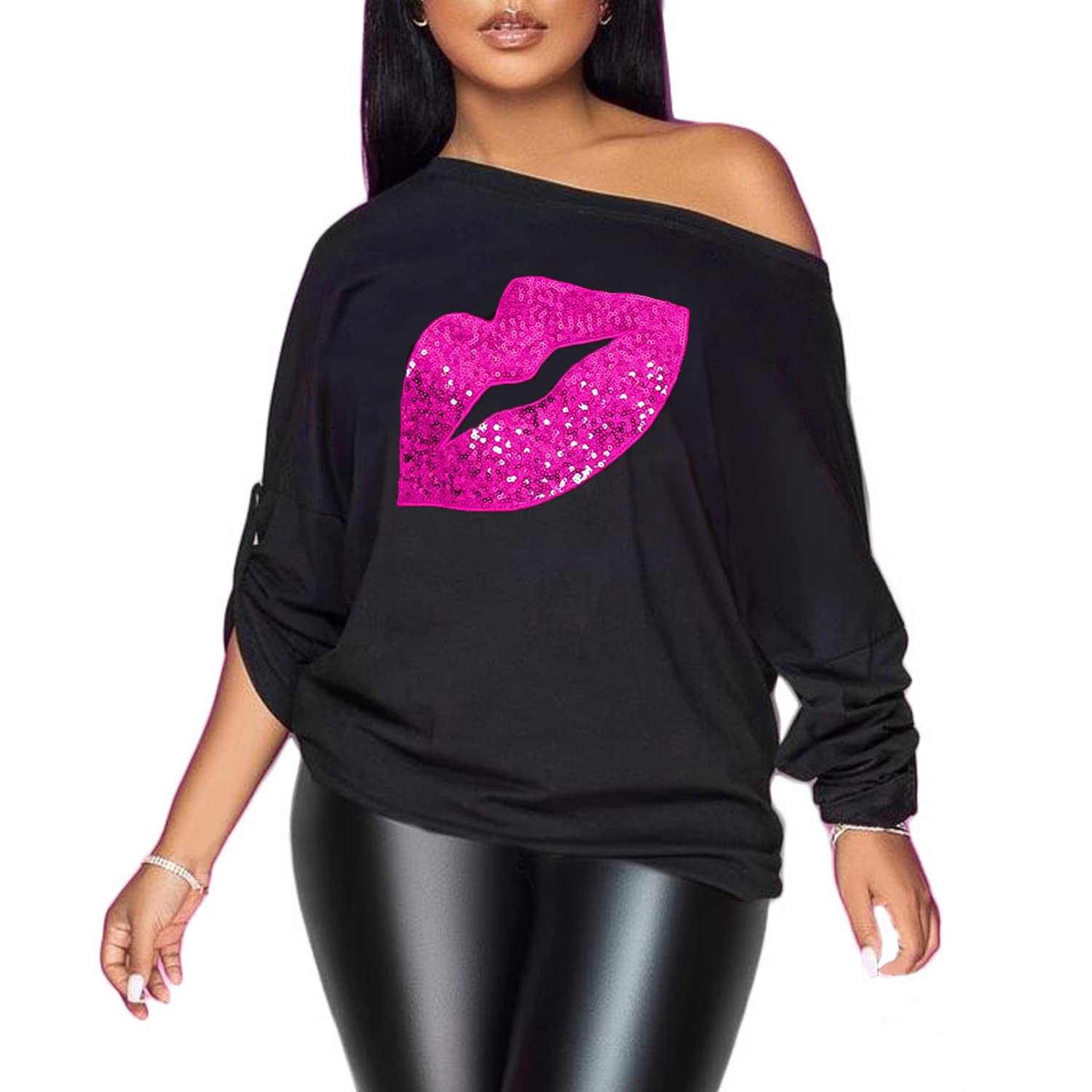 PESION Womens Off The Shoulder Tops Sexy Shiny Metallic Shirts Long Sleeves Fashion Graphic T-Shirts Blouses