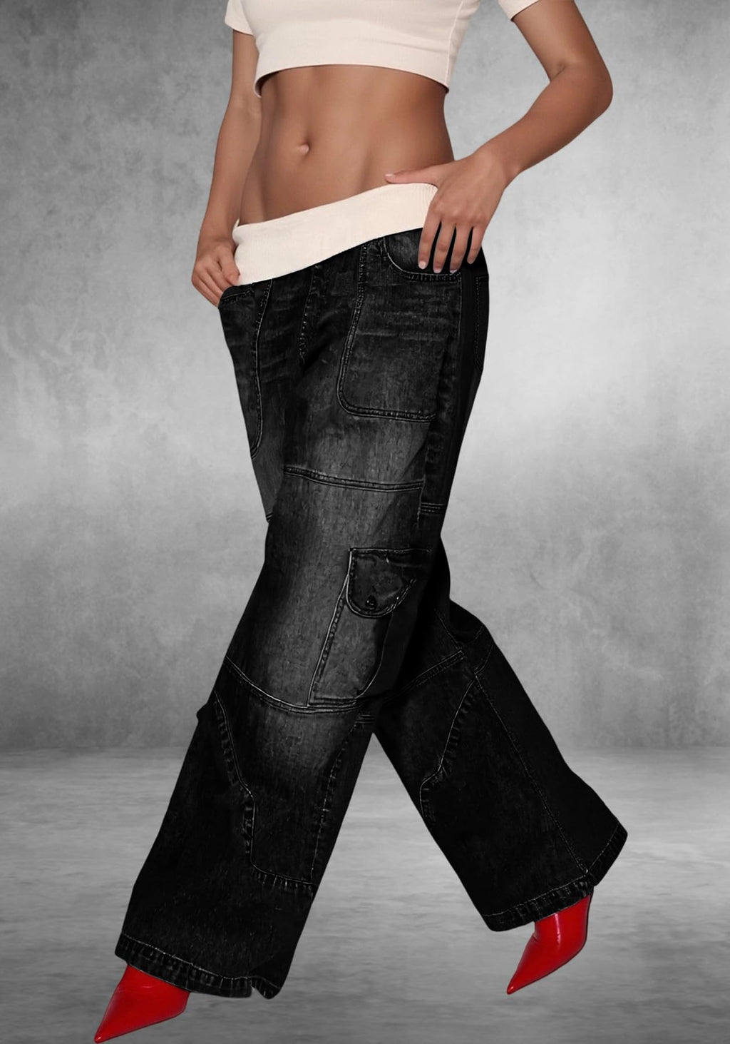 Unybwonn Women Baggy Cargo Jeans High Waist Patchwork Trendy Vintage Denim Pants Wide Leg Distressed Jeans with Pockets
